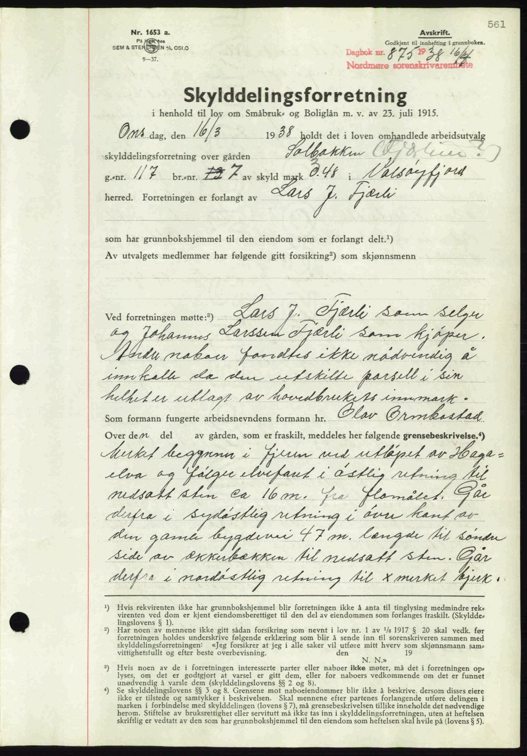 Nordmøre sorenskriveri, AV/SAT-A-4132/1/2/2Ca: Pantebok nr. A83, 1938-1938, Dagboknr: 875/1938