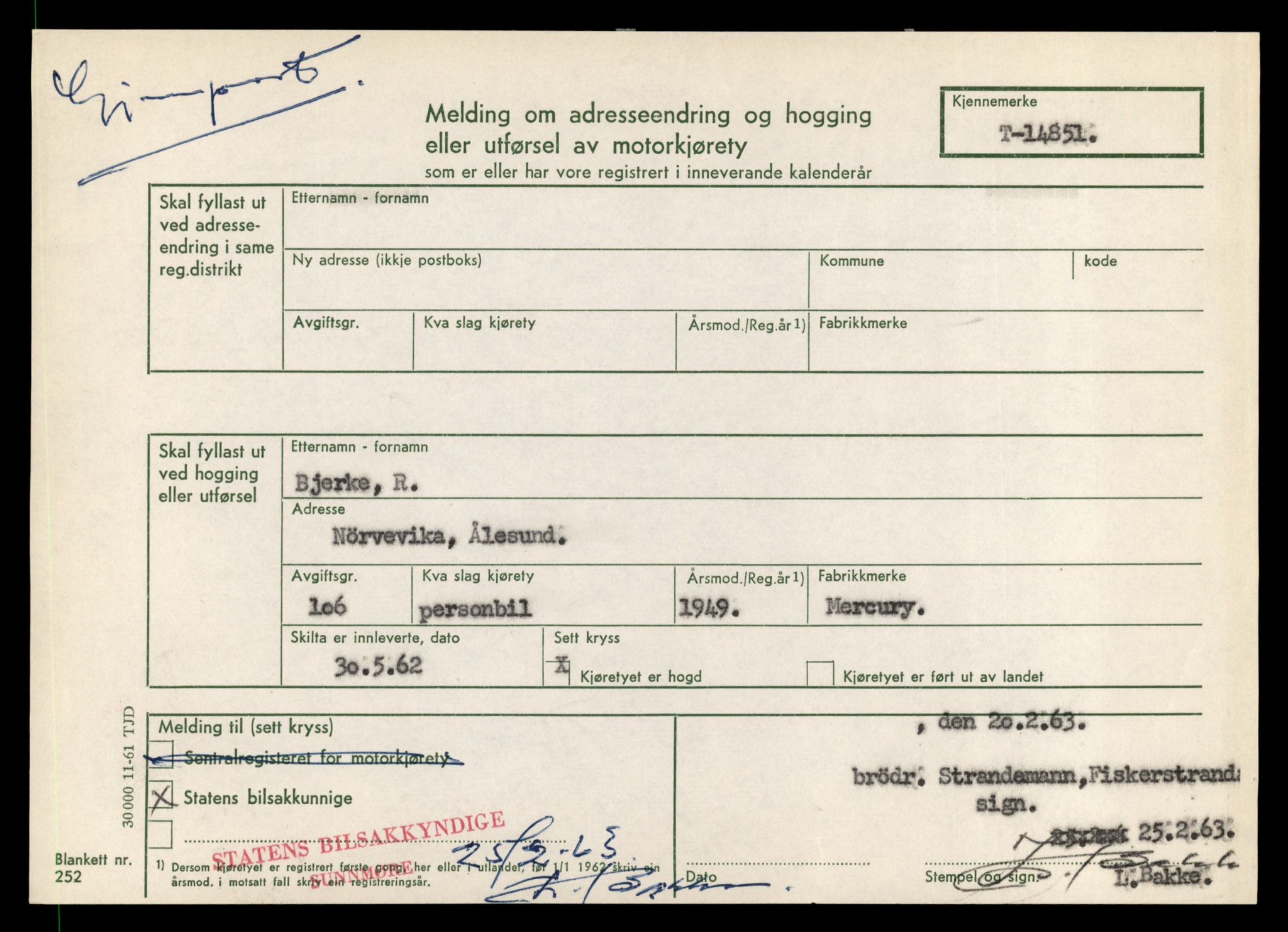 Møre og Romsdal vegkontor - Ålesund trafikkstasjon, AV/SAT-A-4099/F/Fe/L0048: Registreringskort for kjøretøy T 14721 - T 14863, 1927-1998, s. 3017