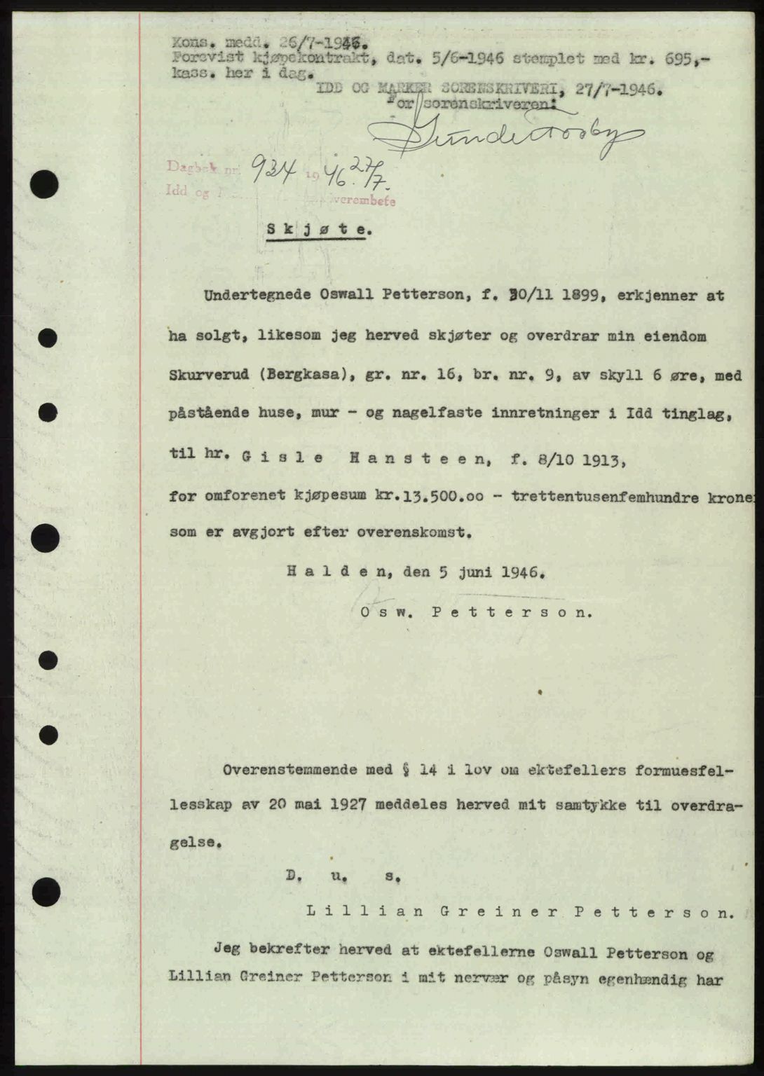 Idd og Marker sorenskriveri, SAO/A-10283/G/Gb/Gbb/L0008: Pantebok nr. A8, 1946-1946, Dagboknr: 934/1946