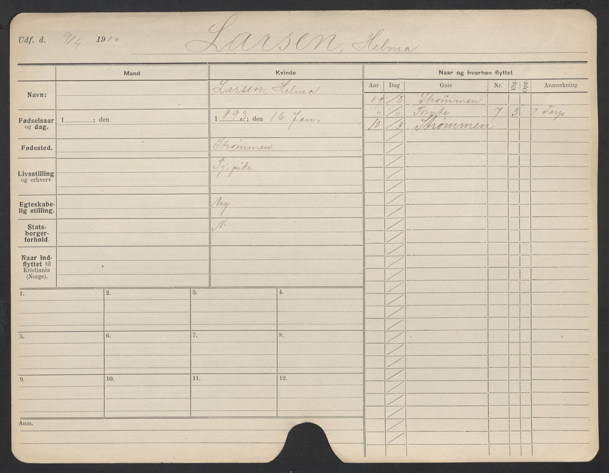 Oslo folkeregister, Registerkort, AV/SAO-A-11715/F/Fa/Fac/L0019: Kvinner, 1906-1914, s. 930a