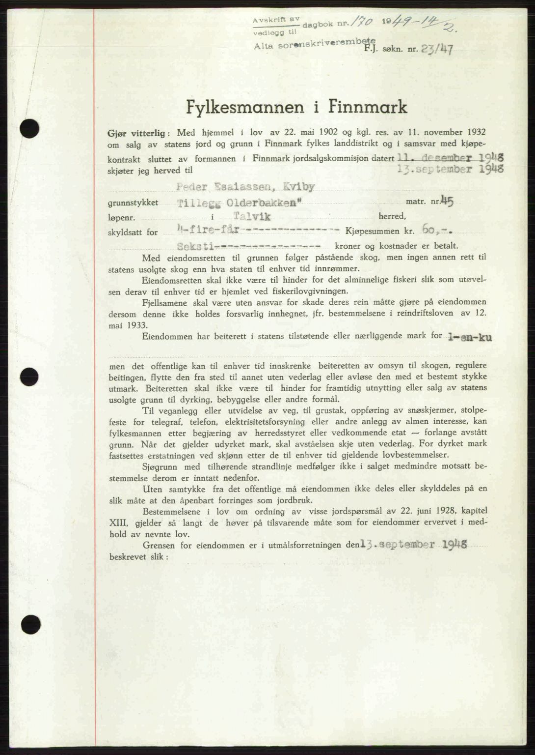 Alta fogderi/sorenskriveri, SATØ/SATØ-5/1/K/Kd/L0037pantebok: Pantebok nr. 39-40, 1948-1949, Dagboknr: 170/1949