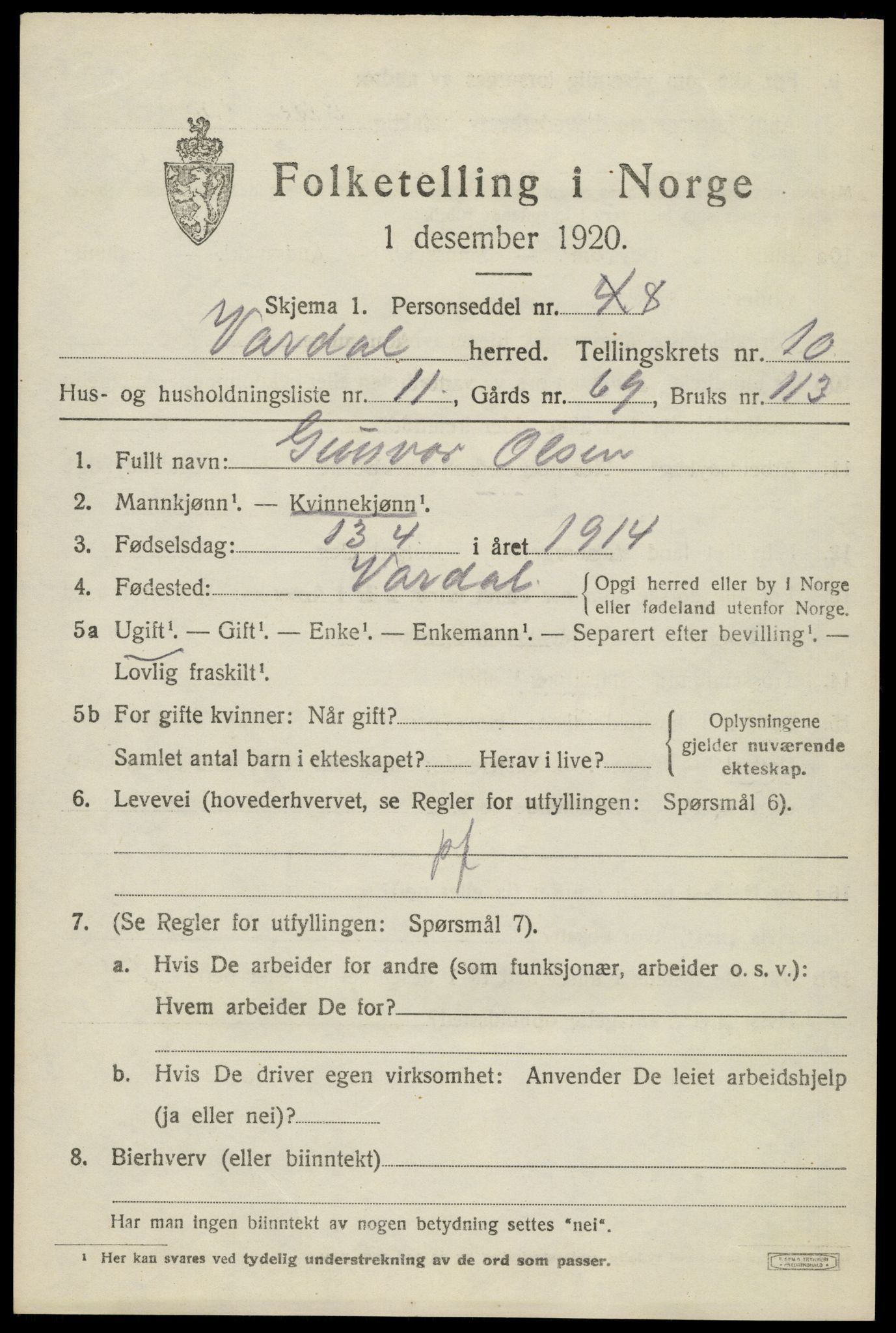 SAH, Folketelling 1920 for 0527 Vardal herred, 1920, s. 8645