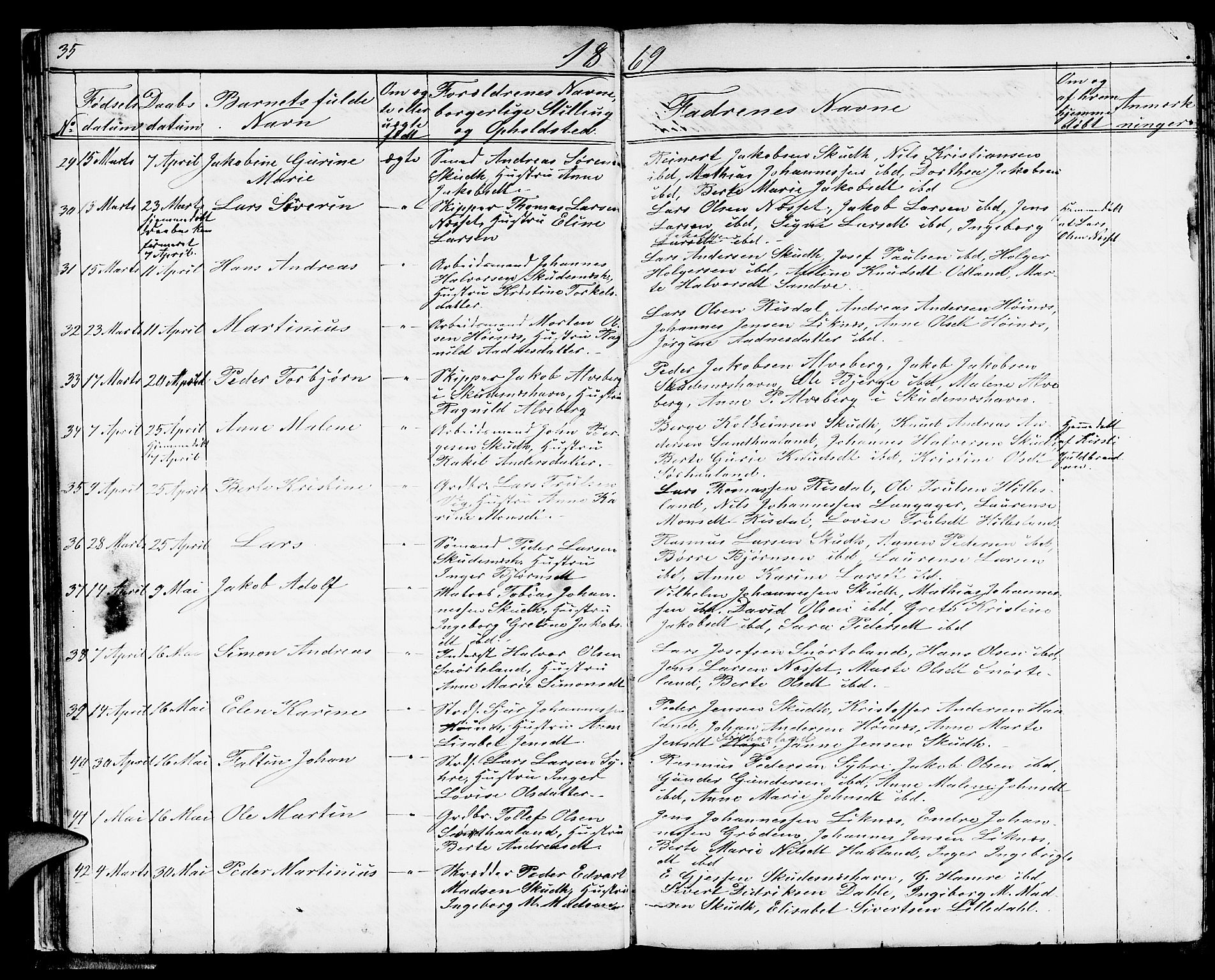Skudenes sokneprestkontor, AV/SAST-A -101849/H/Ha/Hab/L0004: Klokkerbok nr. B 4, 1865-1884, s. 35
