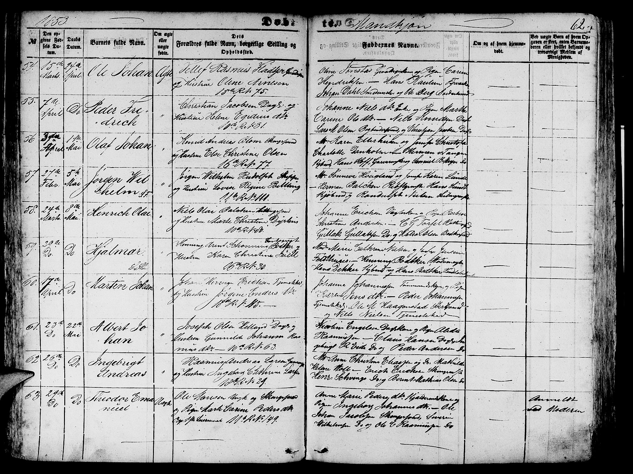 Domkirken sokneprestembete, AV/SAB-A-74801/H/Hab/L0010: Klokkerbok nr. B 3, 1849-1856, s. 62