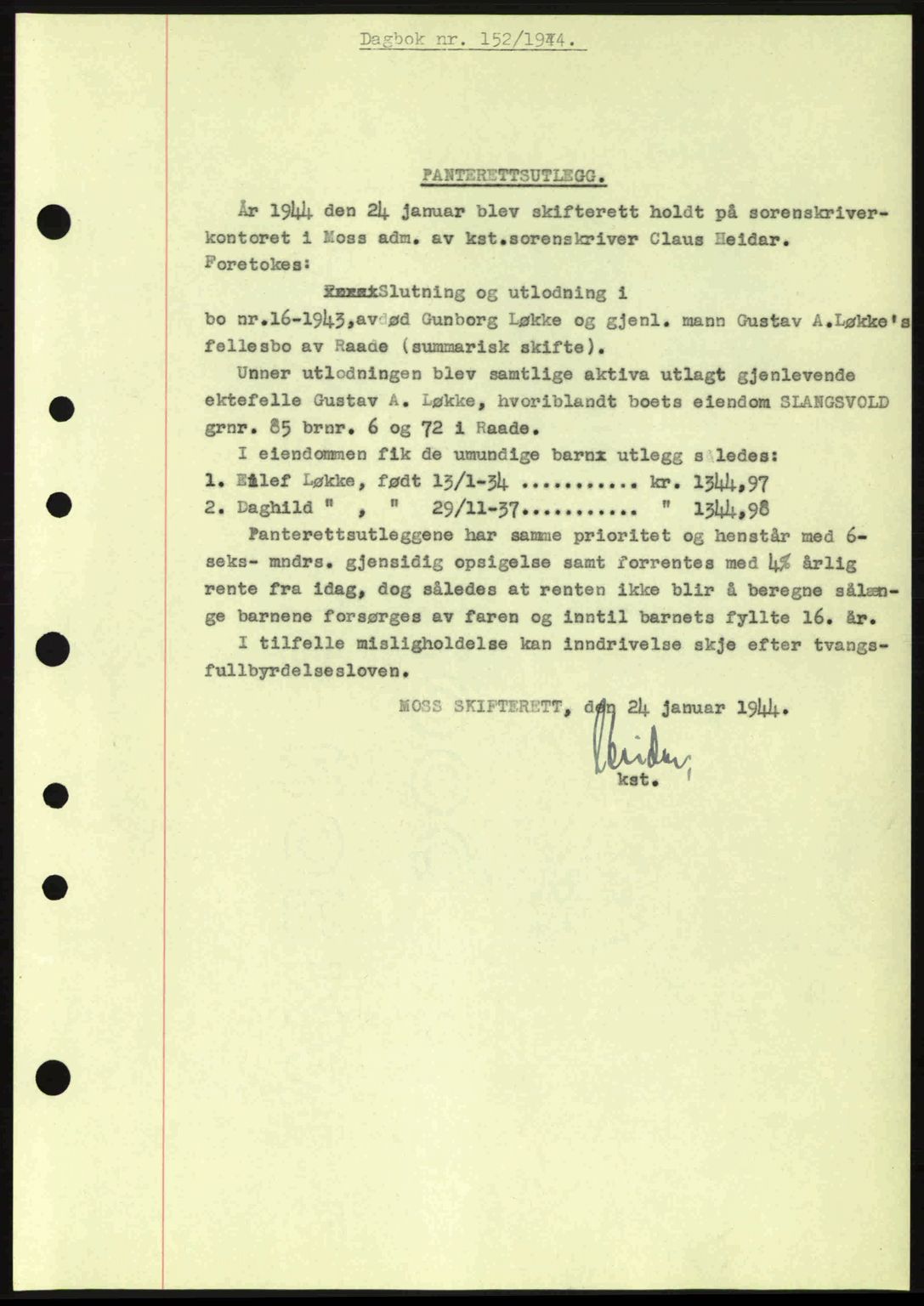Moss sorenskriveri, SAO/A-10168: Pantebok nr. B13, 1943-1945, Dagboknr: 152/1944