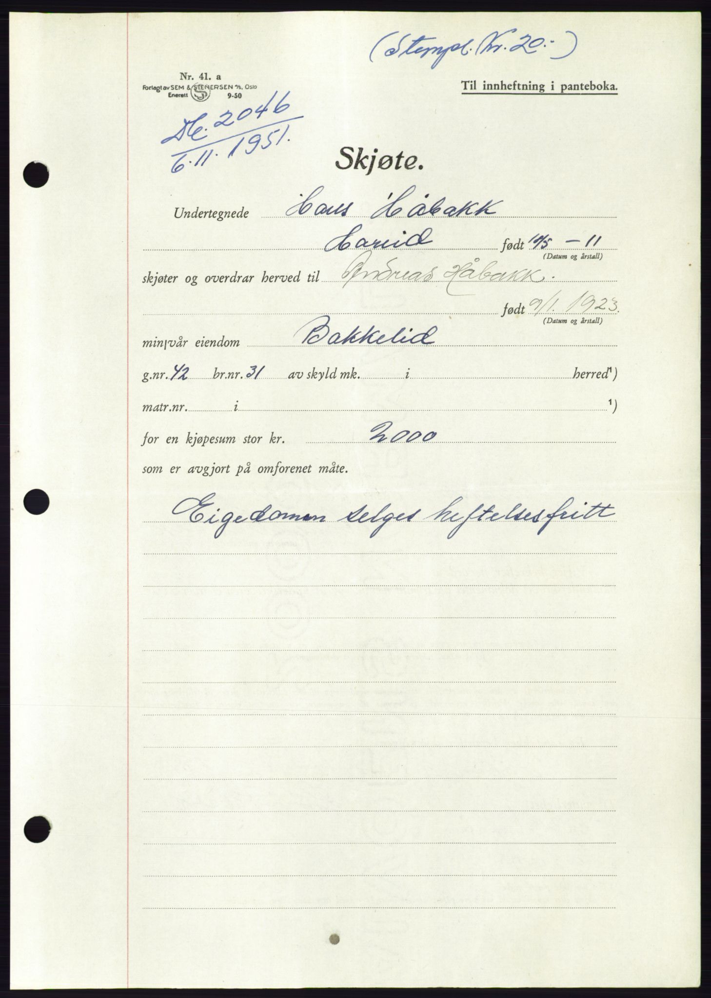 Søre Sunnmøre sorenskriveri, AV/SAT-A-4122/1/2/2C/L0090: Pantebok nr. 16A, 1951-1951, Dagboknr: 2046/1951