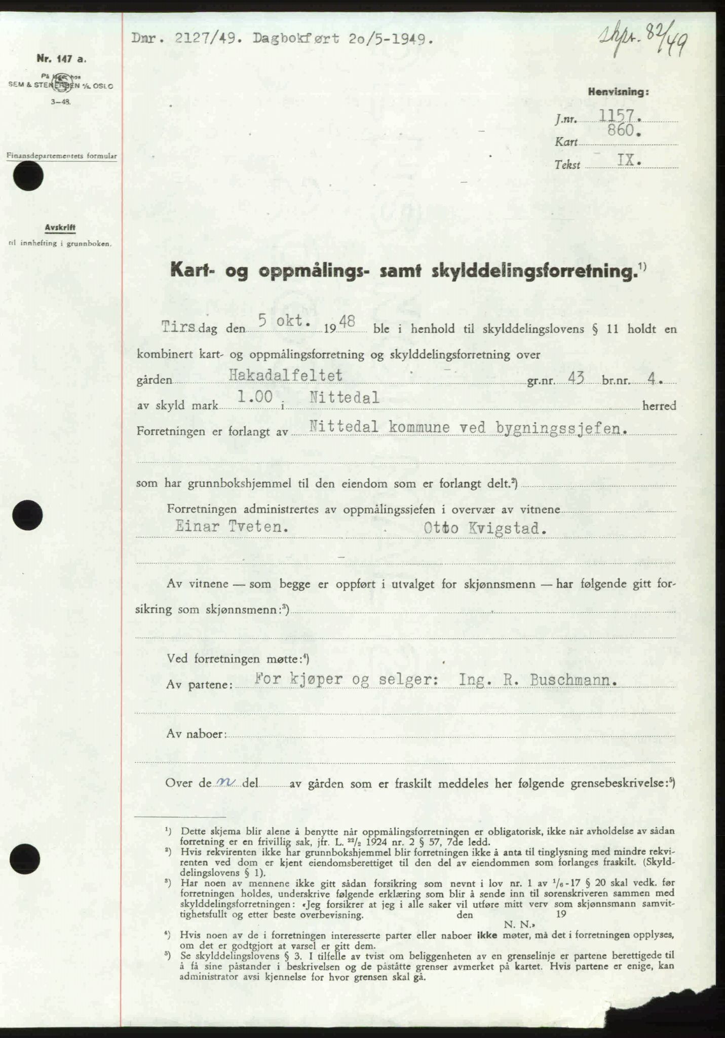Nedre Romerike sorenskriveri, SAO/A-10469/G/Gb/Gbd/L0025: Pantebok nr. 25, 1949-1949, Dagboknr: 2127/1949