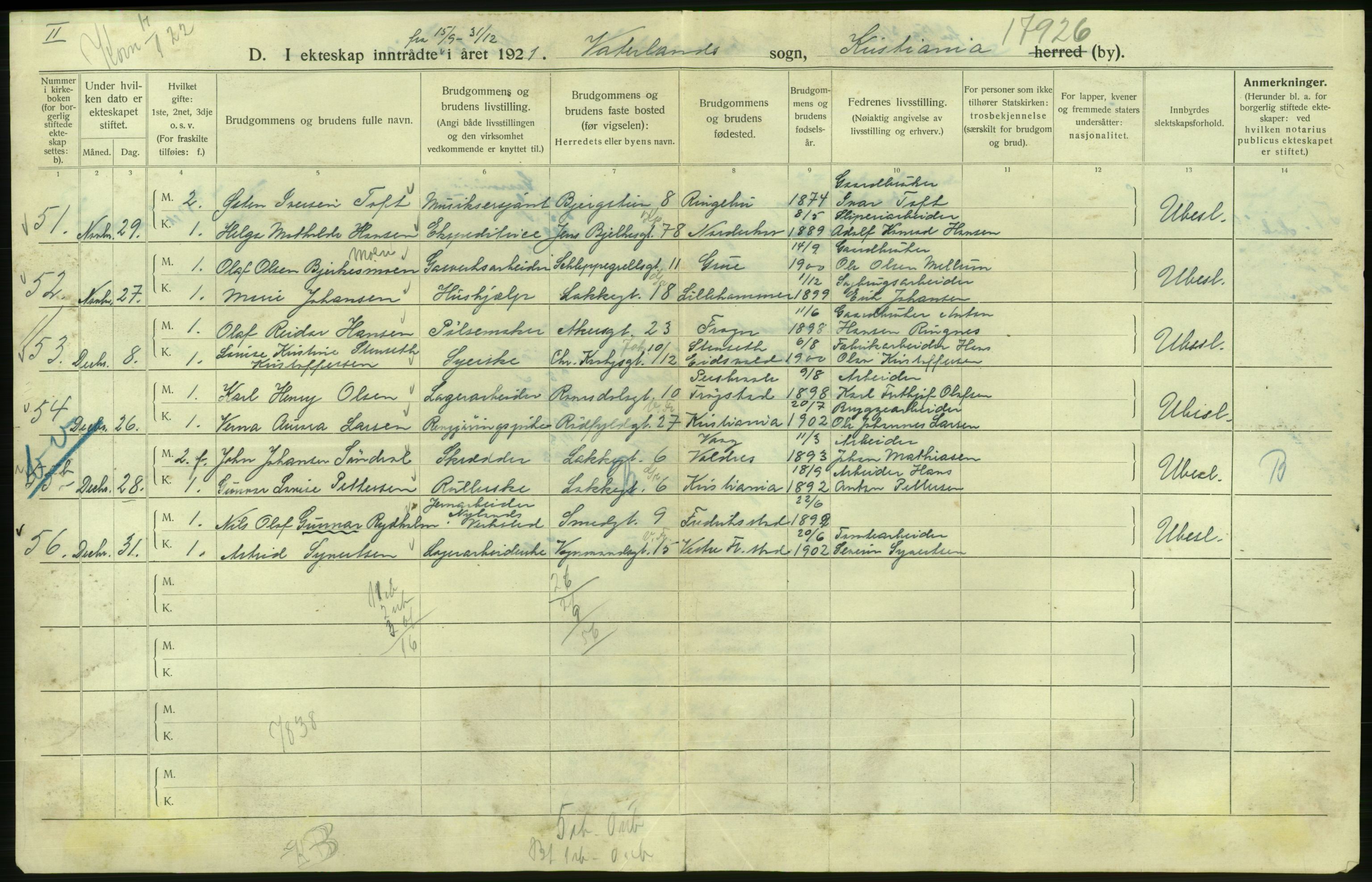 Statistisk sentralbyrå, Sosiodemografiske emner, Befolkning, RA/S-2228/D/Df/Dfc/Dfca/L0011: Kristiania: Gifte, 1921, s. 860