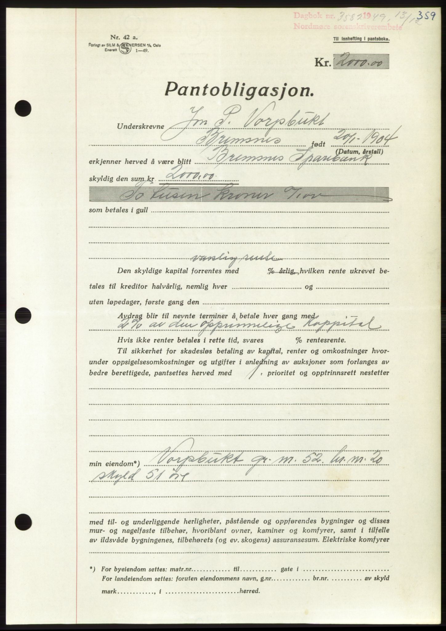 Nordmøre sorenskriveri, SAT/A-4132/1/2/2Ca: Pantebok nr. B103, 1949-1950, Dagboknr: 3582/1949