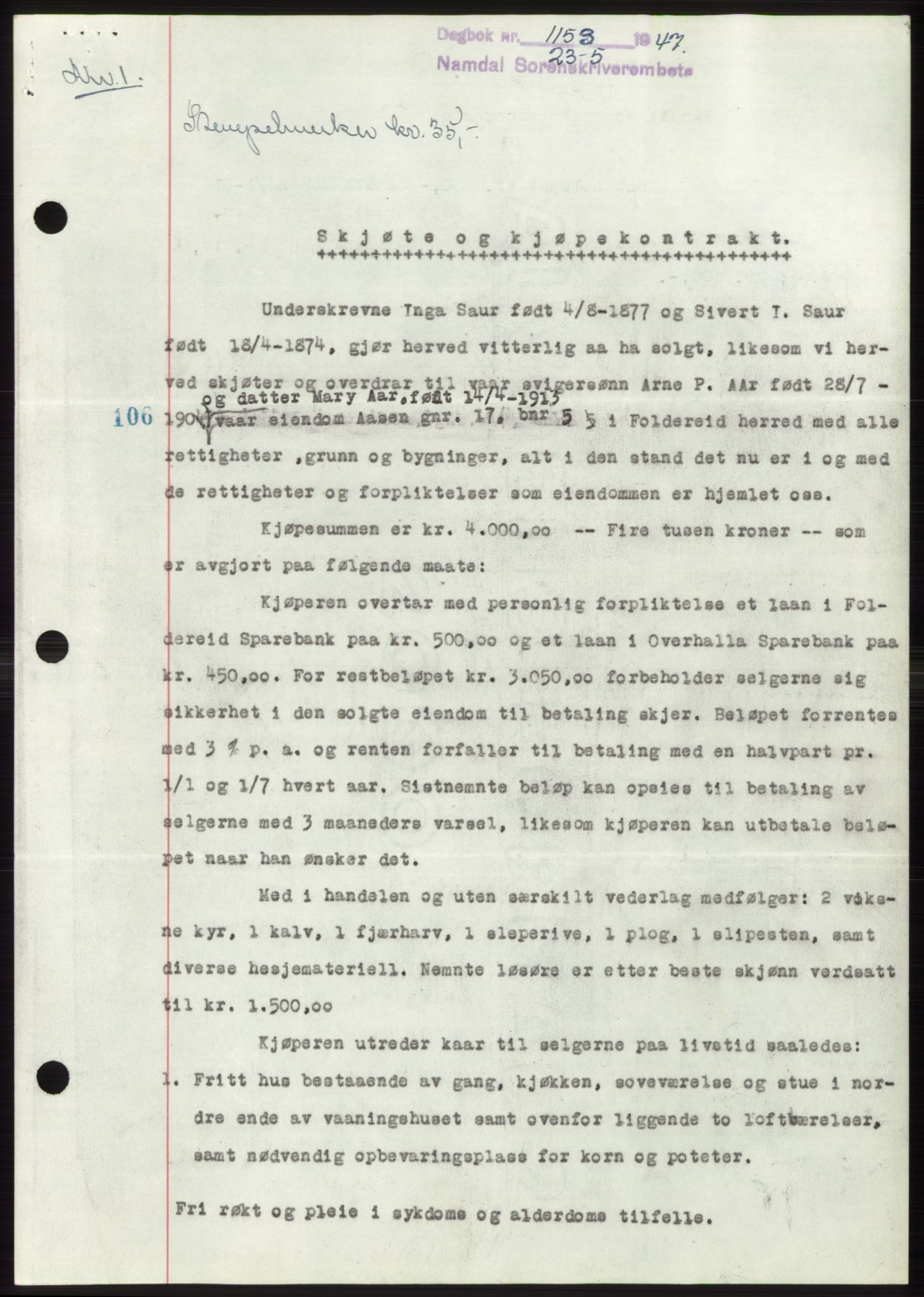 Namdal sorenskriveri, SAT/A-4133/1/2/2C: Pantebok nr. -, 1947-1947, Dagboknr: 1153/1947