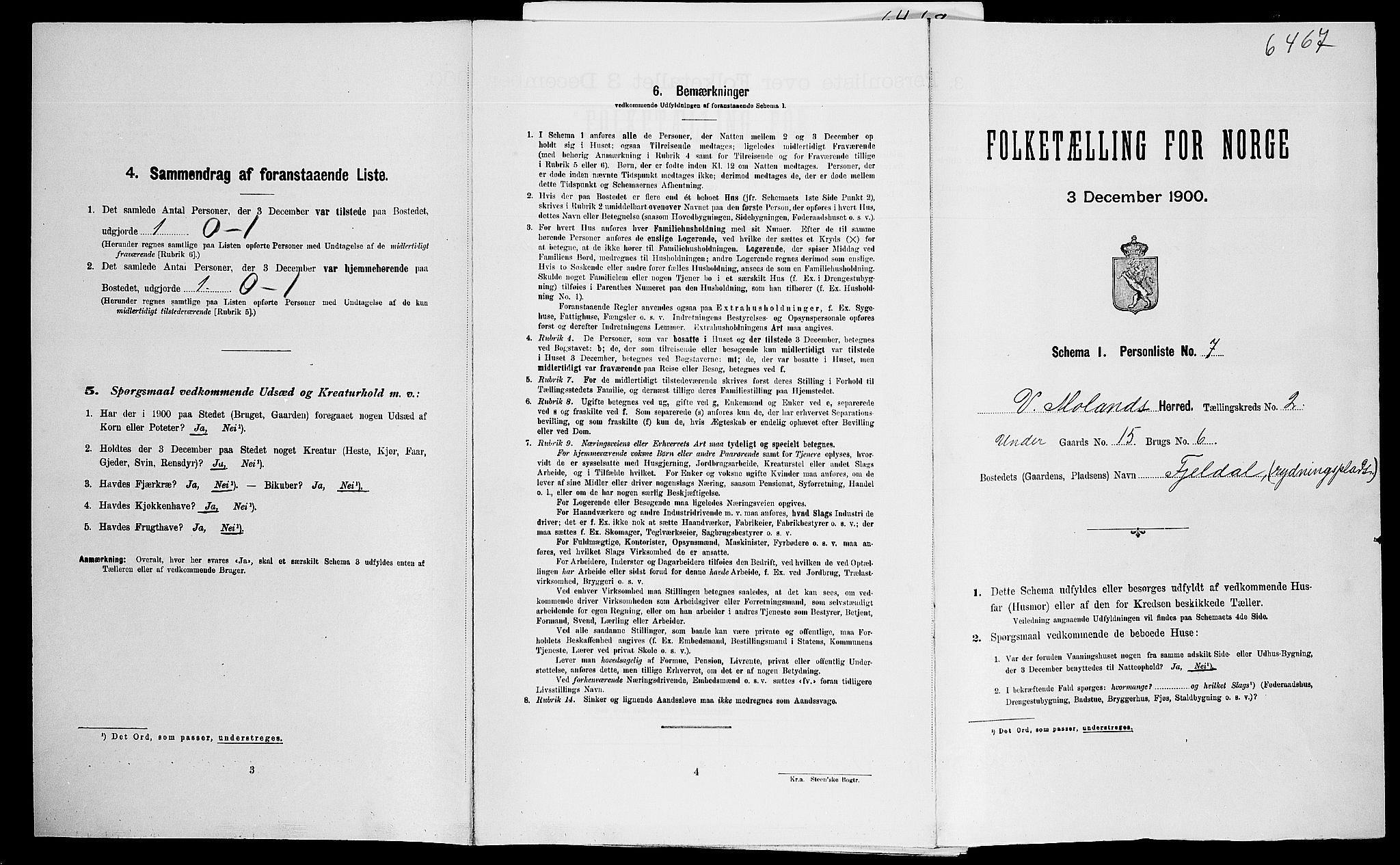 SAK, Folketelling 1900 for 0926 Vestre Moland herred, 1900, s. 249