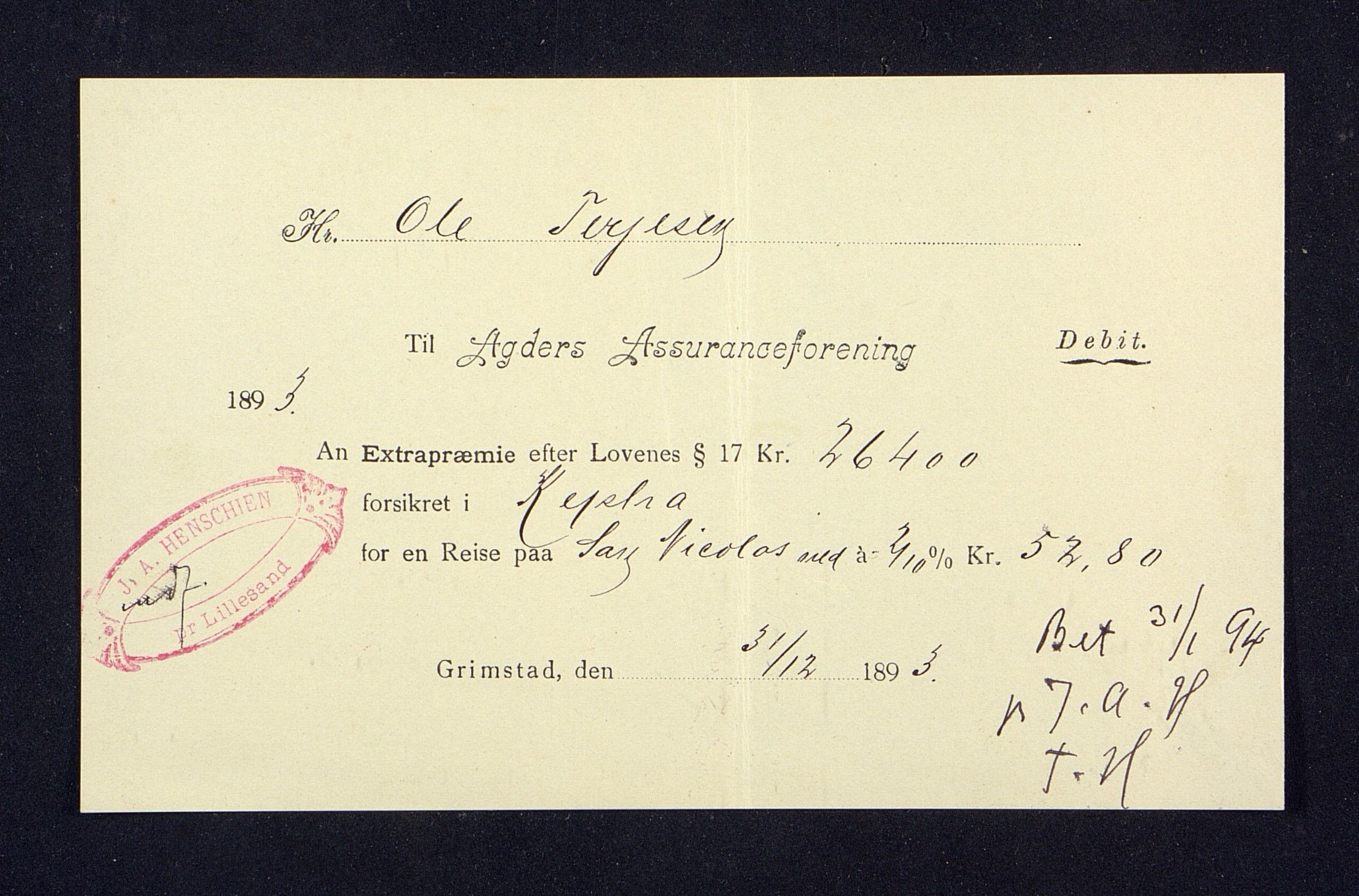 O. Terjesens rederi, AAKS/PA-2525/R/R02/L0001: Regnskapsbilag, 1884-1898