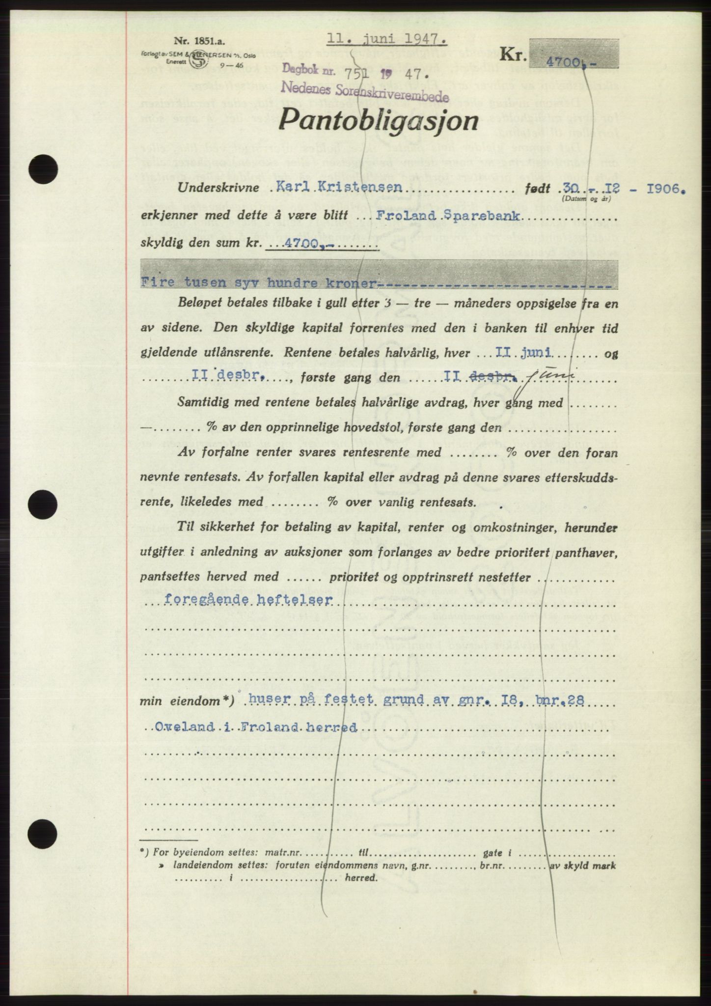 Nedenes sorenskriveri, SAK/1221-0006/G/Gb/Gbb/L0004: Pantebok nr. B4, 1947-1947, Dagboknr: 751/1947