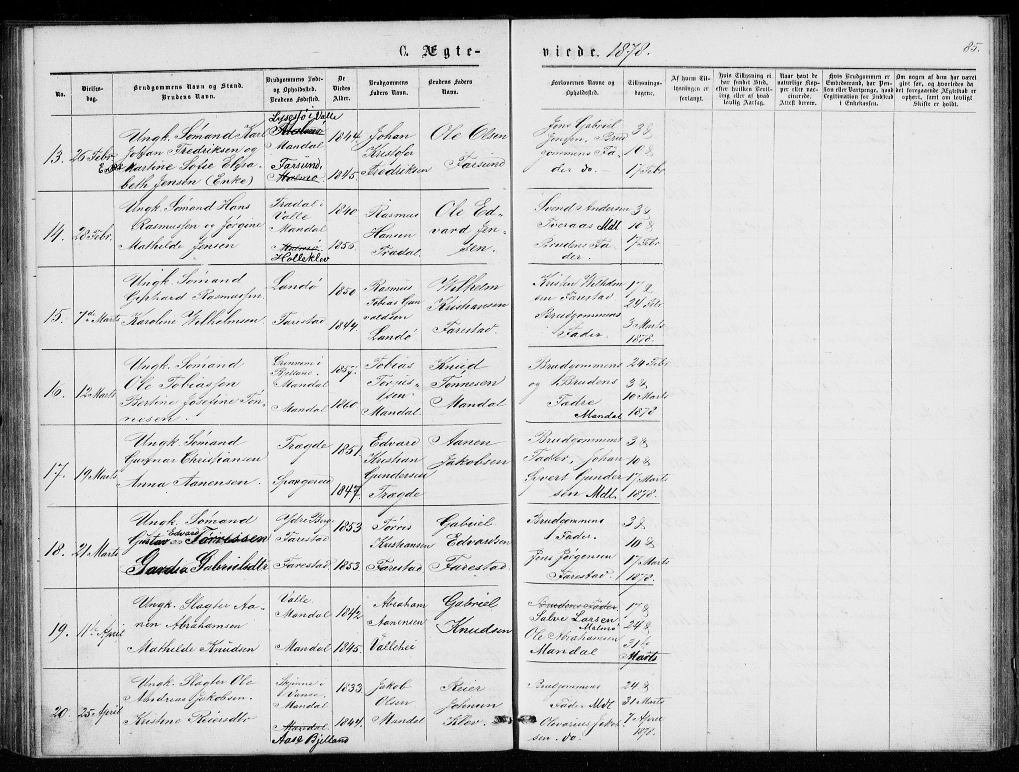 Mandal sokneprestkontor, AV/SAK-1111-0030/F/Fb/Fba/L0010: Klokkerbok nr. B 4, 1876-1880, s. 85
