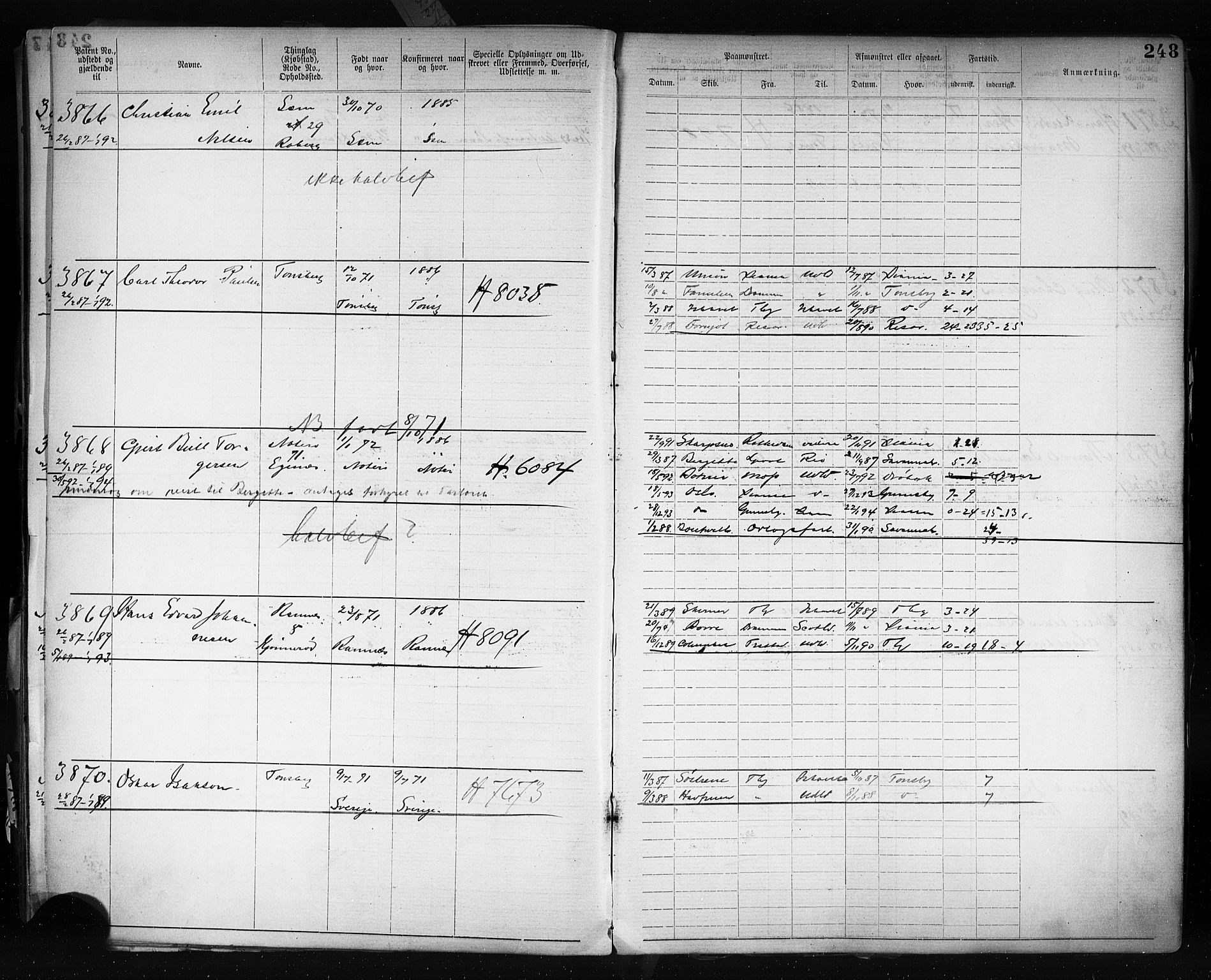 Tønsberg innrulleringskontor, SAKO/A-786/F/Fb/L0003: Annotasjonsrulle Patent nr. 2646-5149, 1881-1892, s. 253