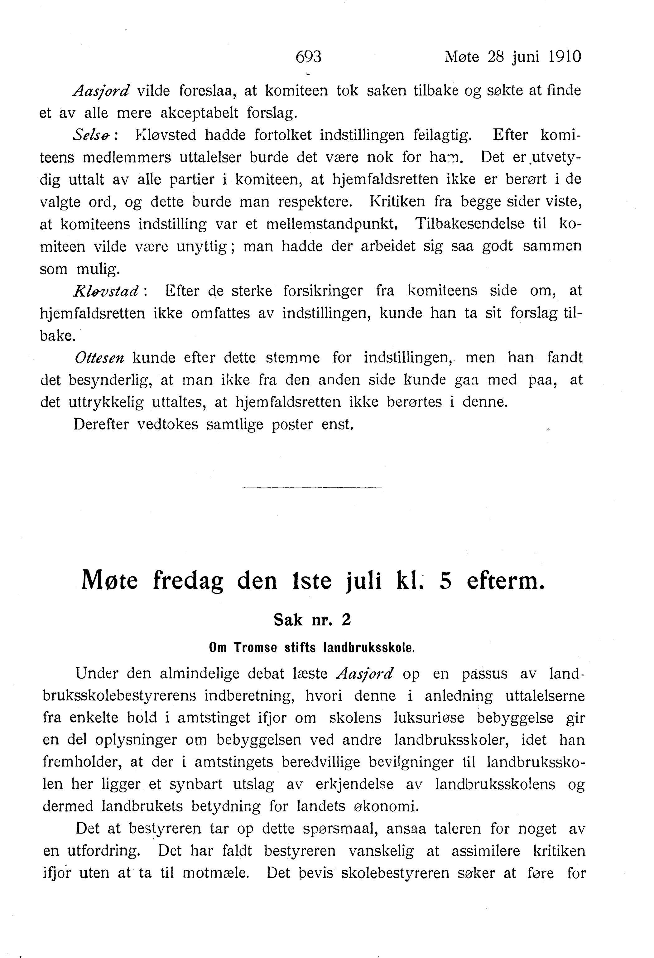 Nordland Fylkeskommune. Fylkestinget, AIN/NFK-17/176/A/Ac/L0033: Fylkestingsforhandlinger 1910, 1910, s. 693