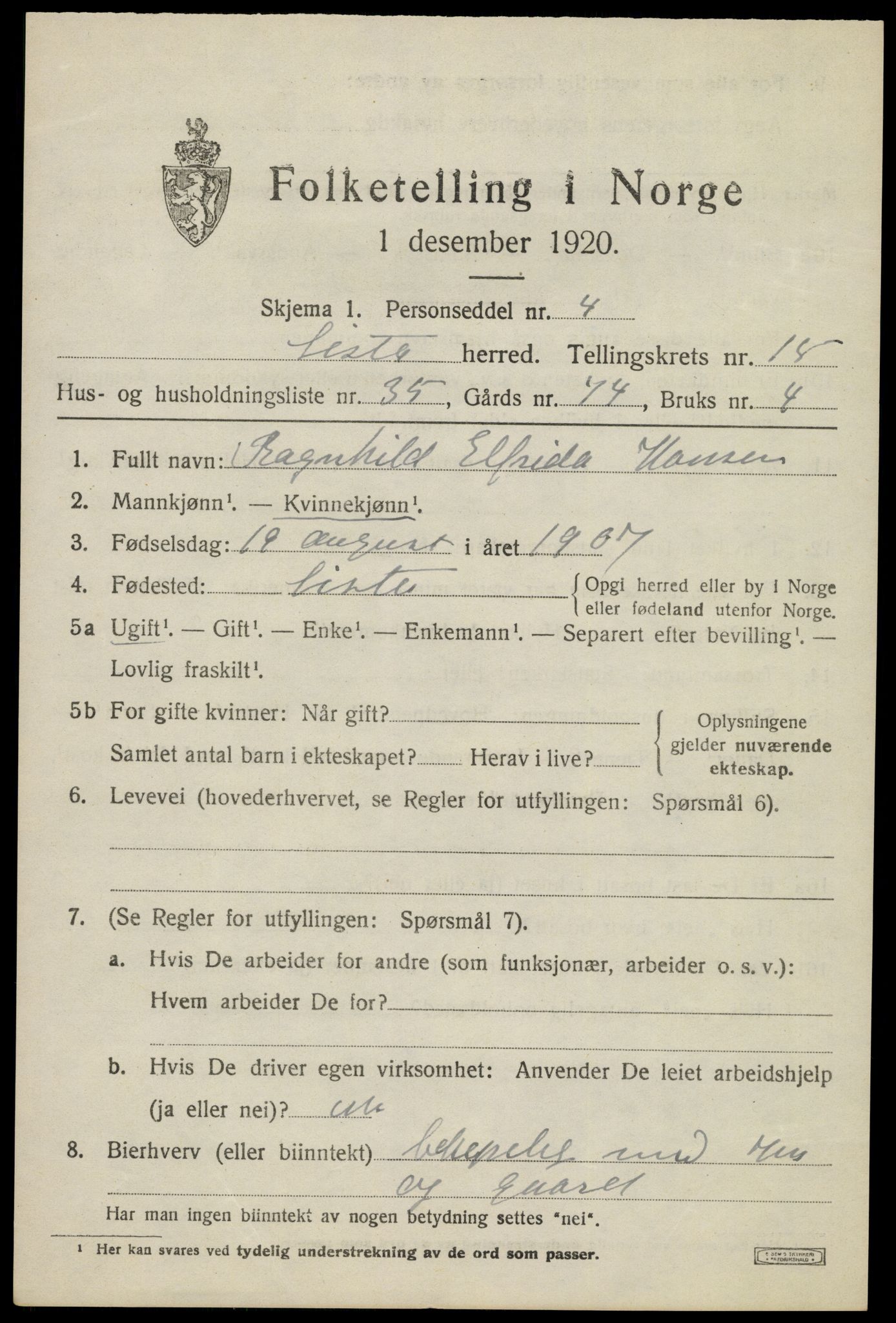 SAK, Folketelling 1920 for 1041 Lista herred, 1920, s. 12891