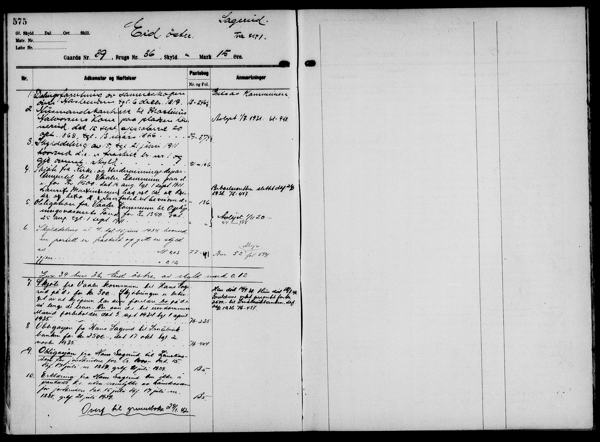 Solør tingrett, AV/SAH-TING-008/H/Ha/Hak/L0002: Panteregister nr. II, 1900-1935, s. 575