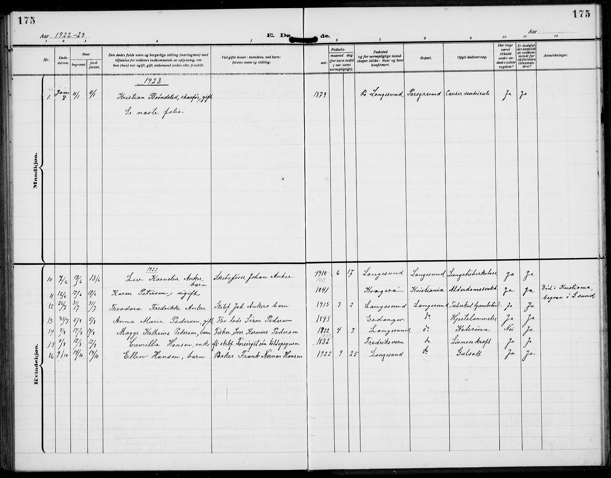 Langesund kirkebøker, SAKO/A-280/G/Ga/L0007: Klokkerbok nr. 7, 1919-1939, s. 175