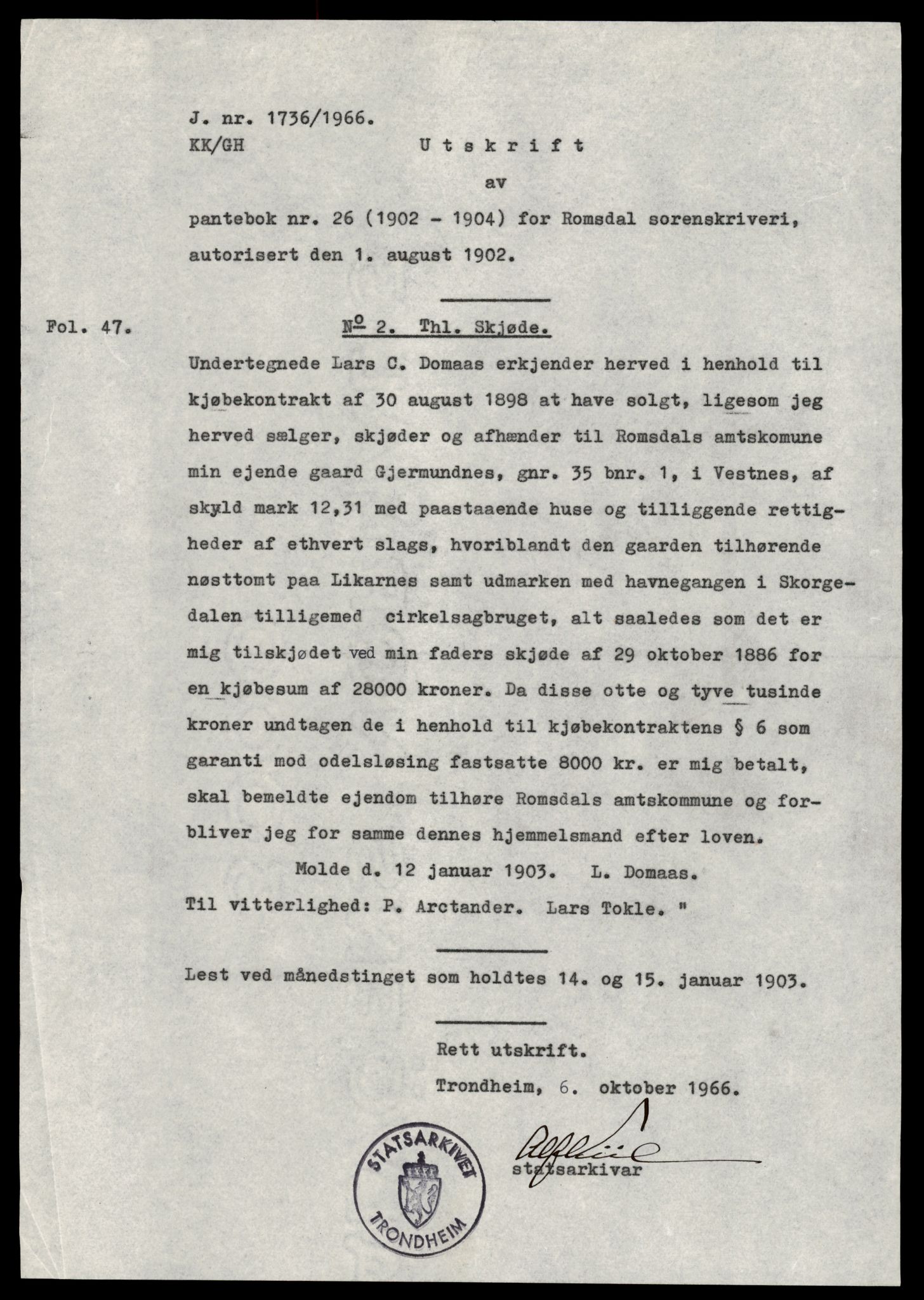 Statsarkivet i Trondheim, AV/SAT-A-4183/J/Jd/L0027: Pantebok 26 - 27, 1902-1911