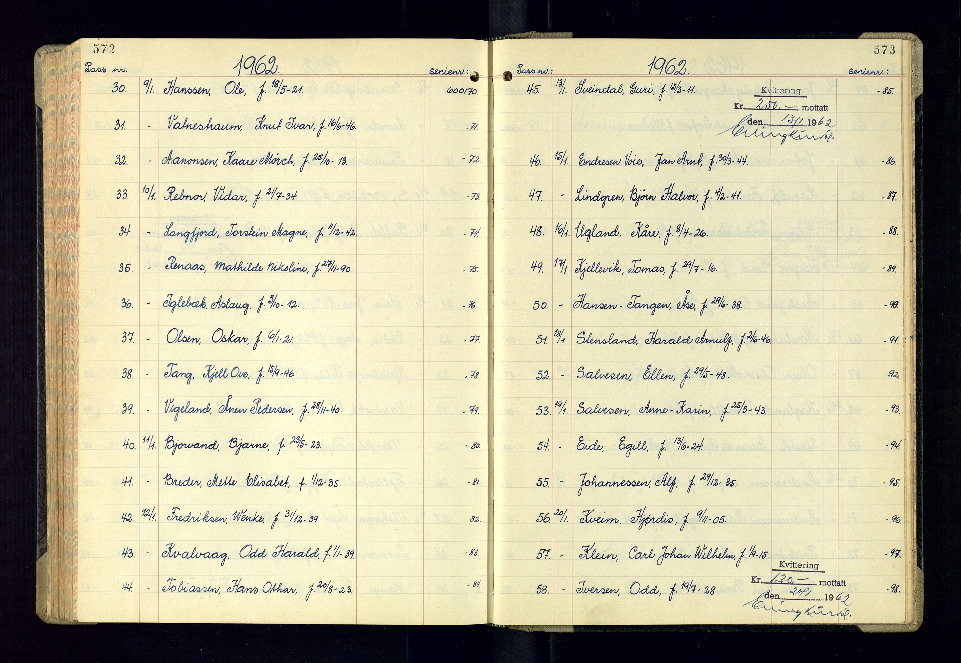 Kristiansand politikammer - 2, AV/SAK-1243-0009/K/Ka/Kaa/L0614: Passprotokoll, liste med løpenumre, 1958-1962, s. 572-573