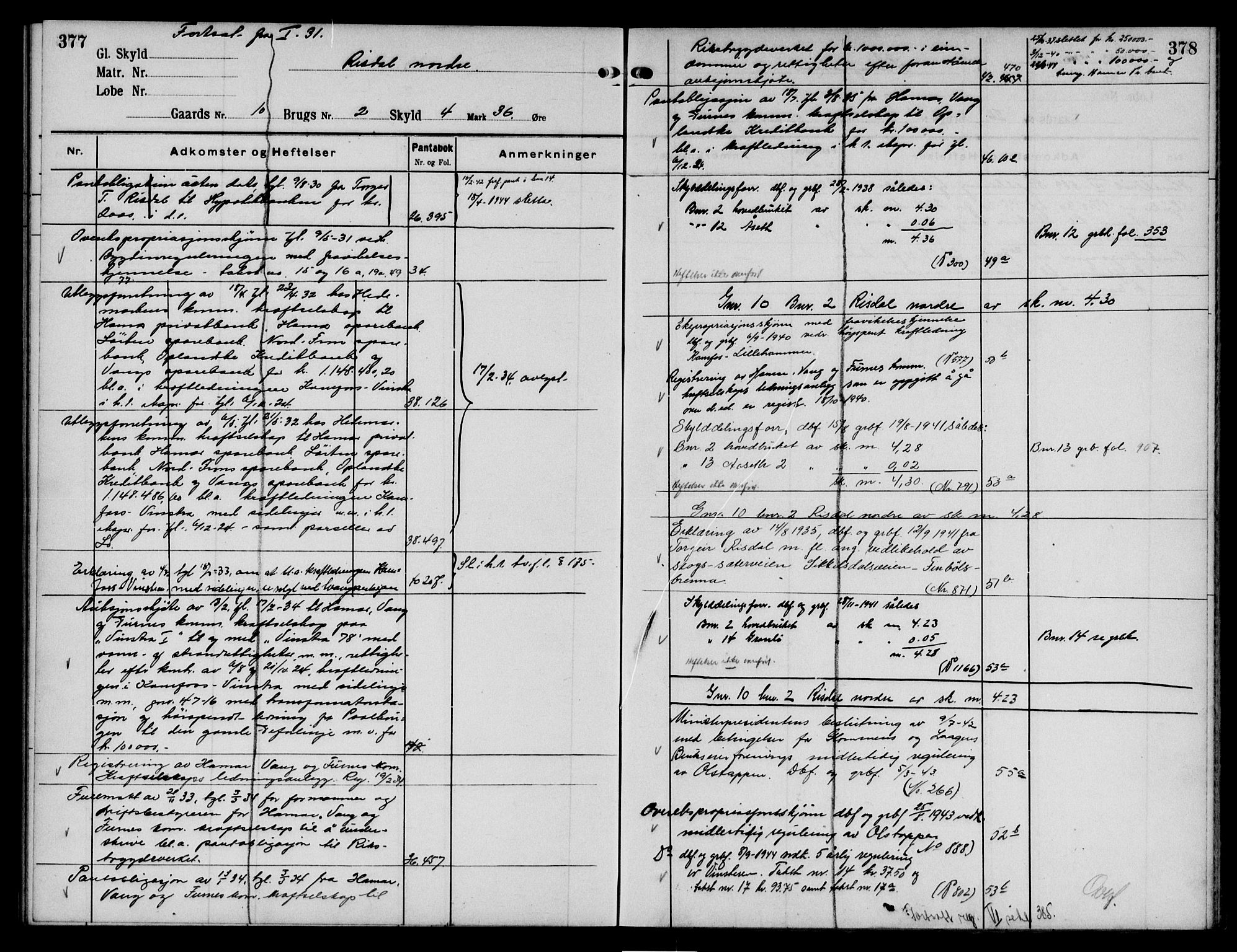 Nord-Gudbrandsdal tingrett, AV/SAH-TING-002/H/Ha/Had/L0016: Panteregister nr. 16, 1923-1950, s. 377-378