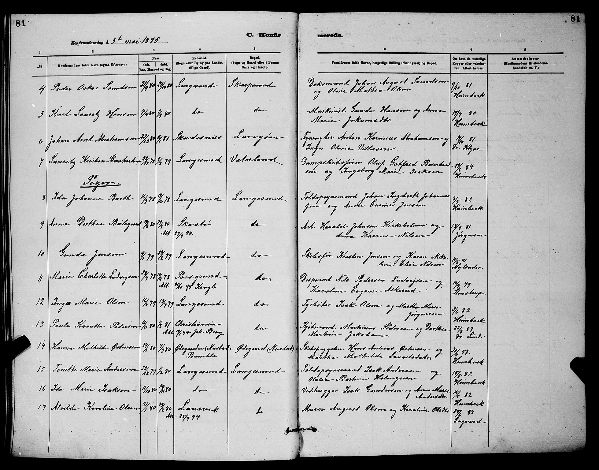 Langesund kirkebøker, AV/SAKO-A-280/G/Ga/L0005: Klokkerbok nr. 5, 1884-1898, s. 81