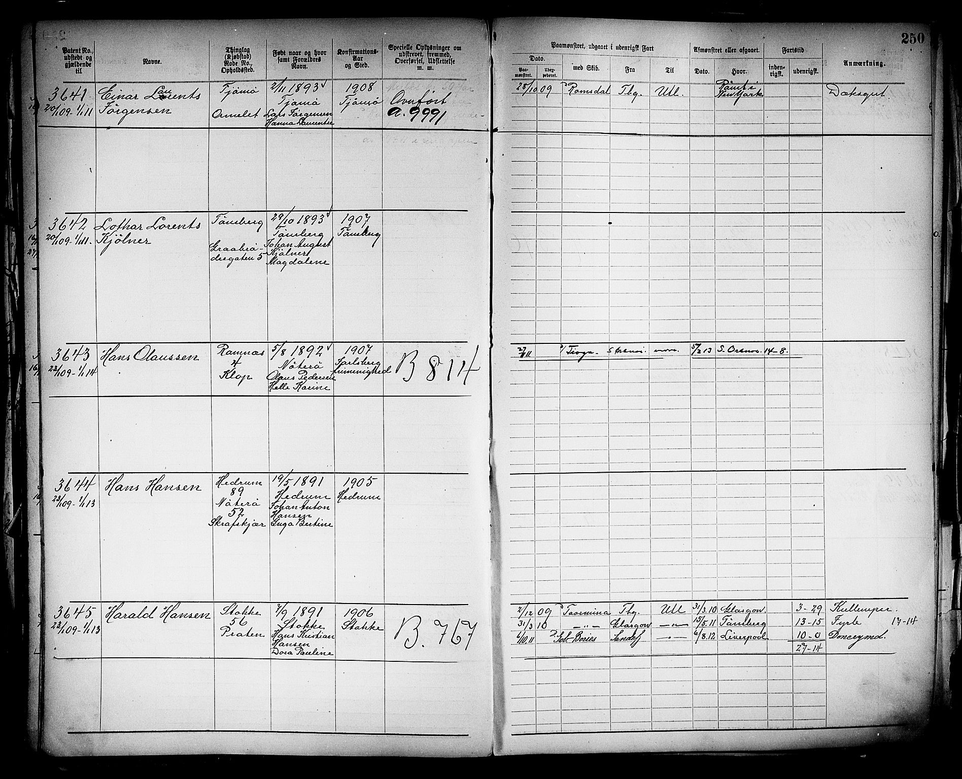 Tønsberg innrulleringskontor, AV/SAKO-A-786/F/Fb/L0005: Annotasjonsrulle Patent nr. 2401-4080, 1904-1910, s. 252