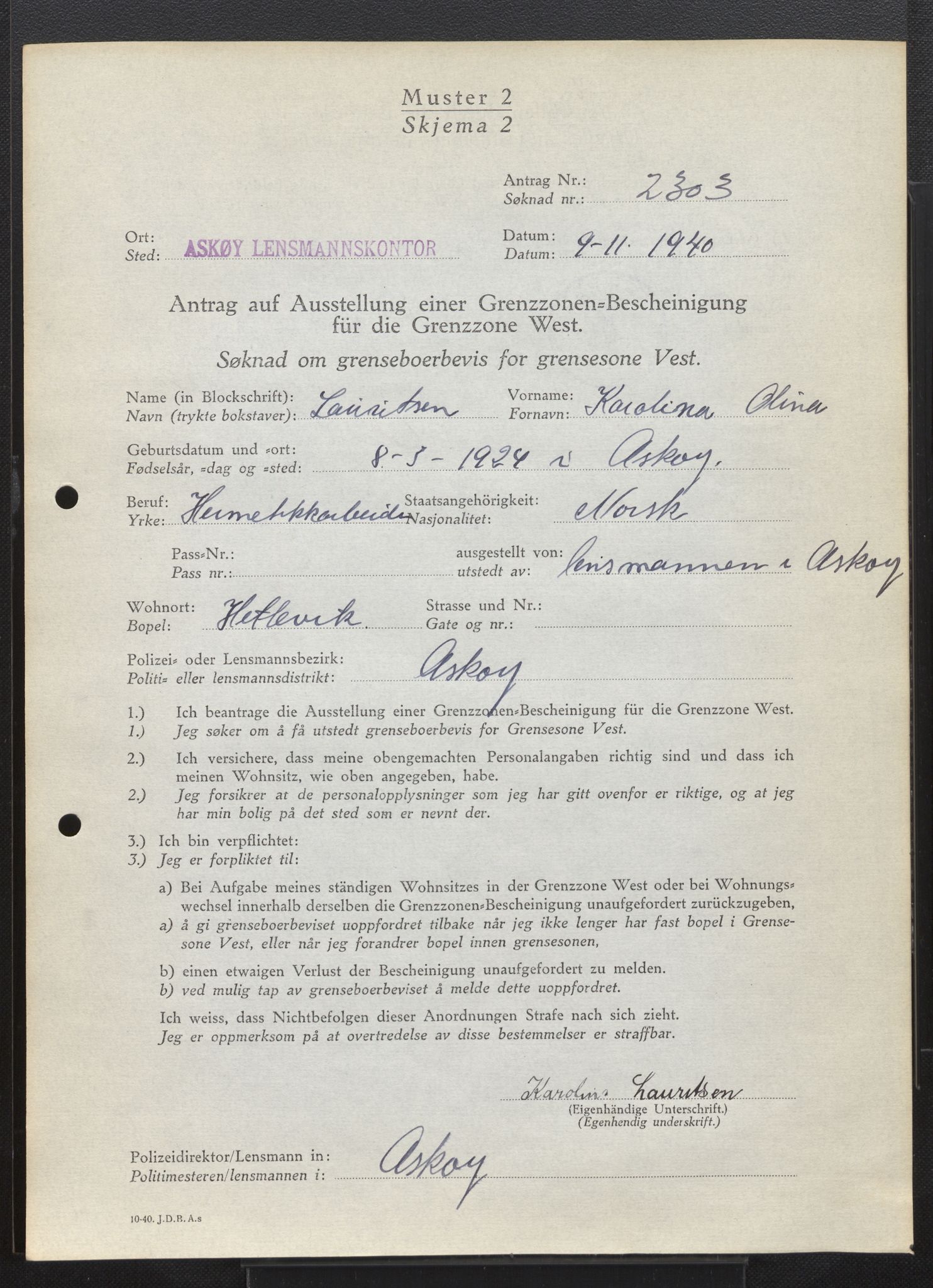 Lensmannen i Askøy, AV/SAB-A-31001/0026/L0008: Søknader om grensebuarbevis 2126 - 2550, 1940, s. 359