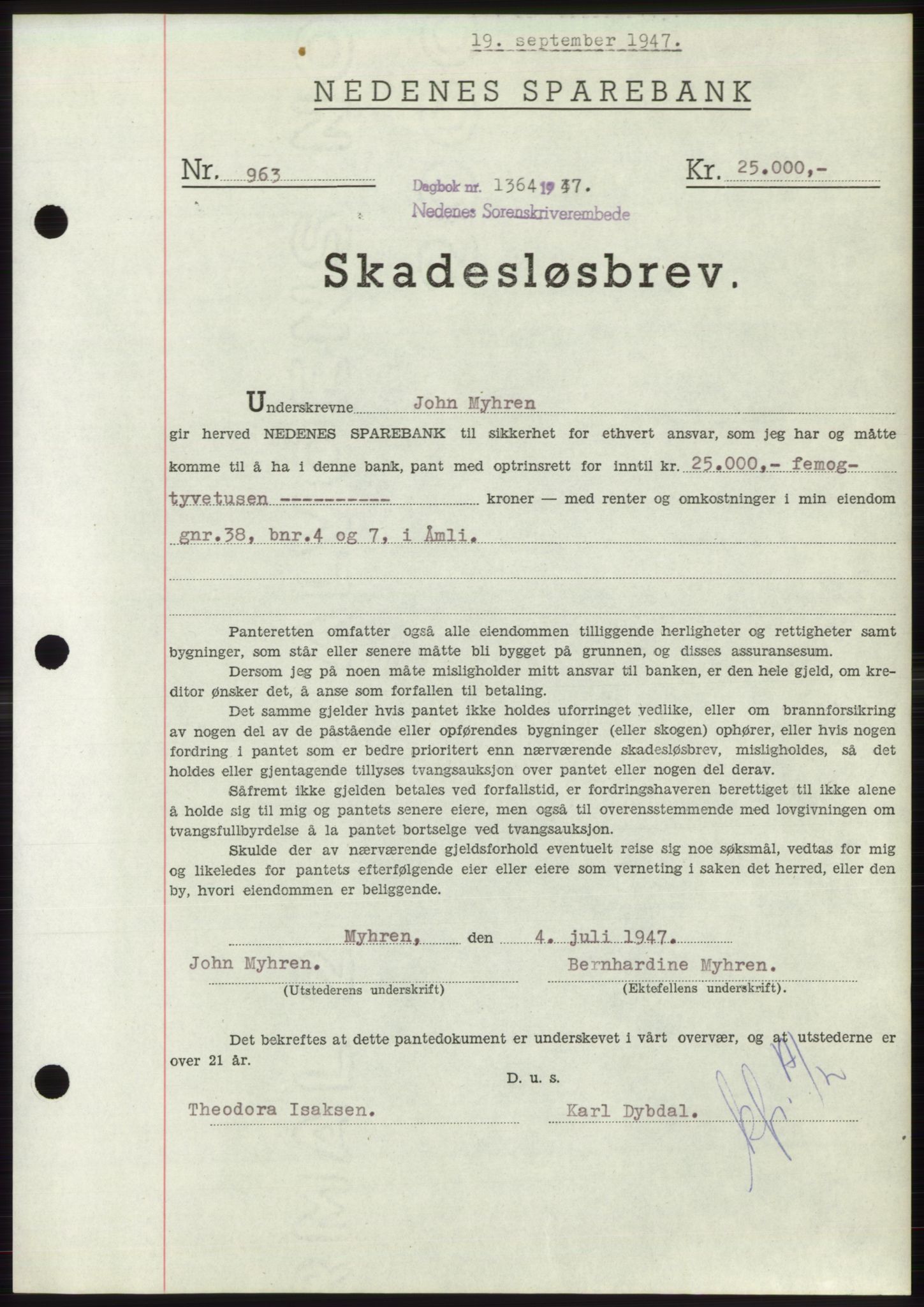 Nedenes sorenskriveri, AV/SAK-1221-0006/G/Gb/Gbb/L0004: Pantebok nr. B4, 1947-1947, Dagboknr: 1364/1947