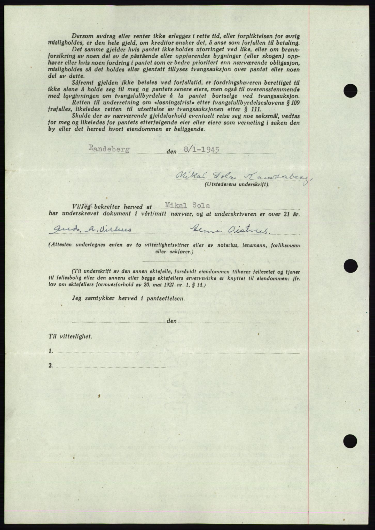 Jæren sorenskriveri, AV/SAST-A-100310/03/G/Gba/L0087: Pantebok, 1944-1945, Dagboknr: 288/1945