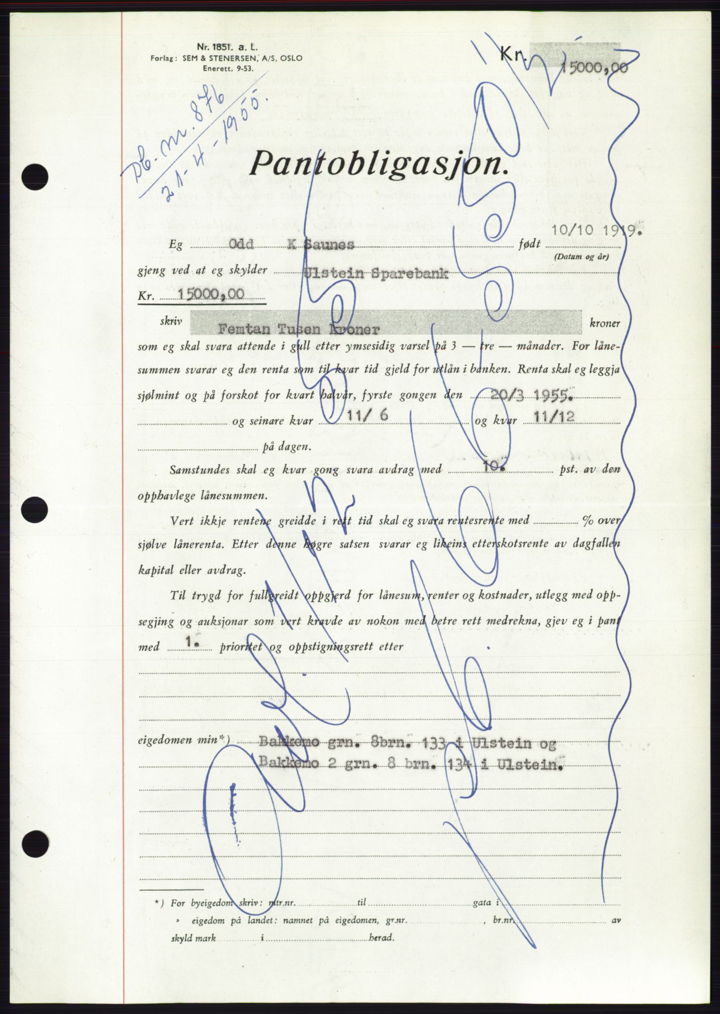 Søre Sunnmøre sorenskriveri, AV/SAT-A-4122/1/2/2C/L0126: Pantebok nr. 14B, 1954-1955, Dagboknr: 876/1955