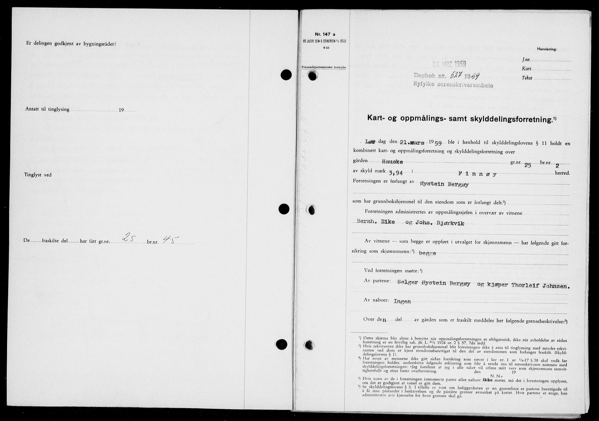 Ryfylke tingrett, SAST/A-100055/001/II/IIB/L0146: Pantebok nr. 125, 1965-1959, Dagboknr: 527/1959
