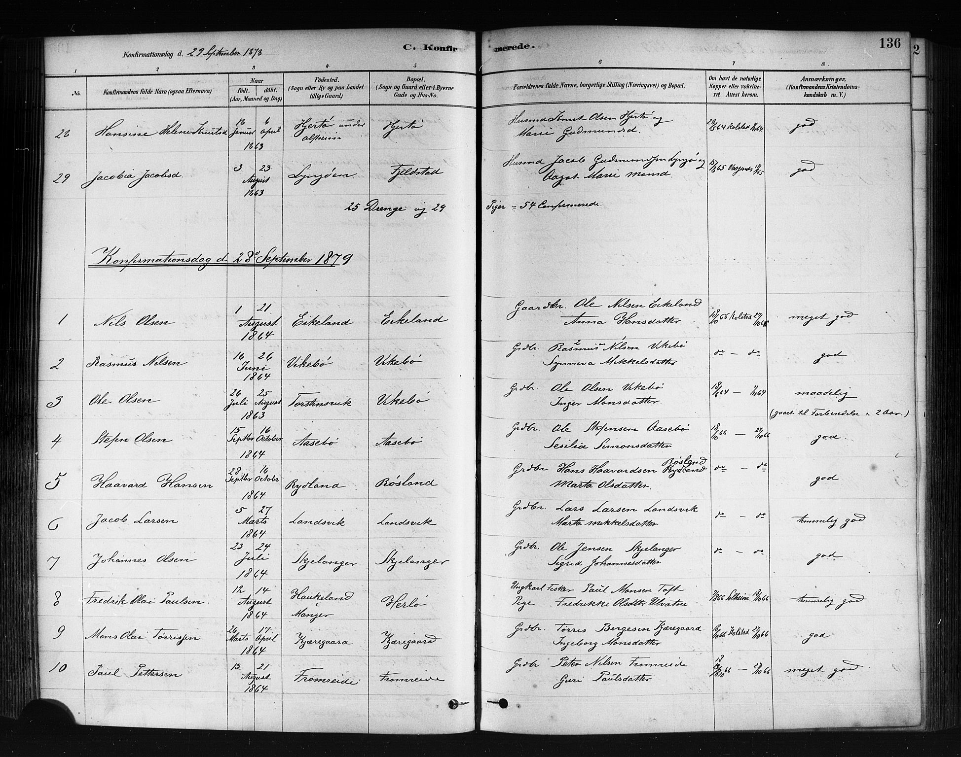 Herdla Sokneprestembete, AV/SAB-A-75701/H/Haa: Ministerialbok nr. A 3, 1878-1890, s. 136