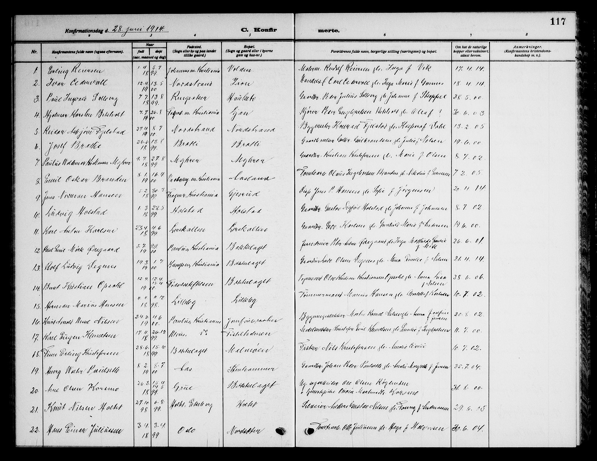 Nordstrand prestekontor Kirkebøker, AV/SAO-A-10362a/G/Ga/L0001: Klokkerbok nr. I 1, 1911-1918, s. 117