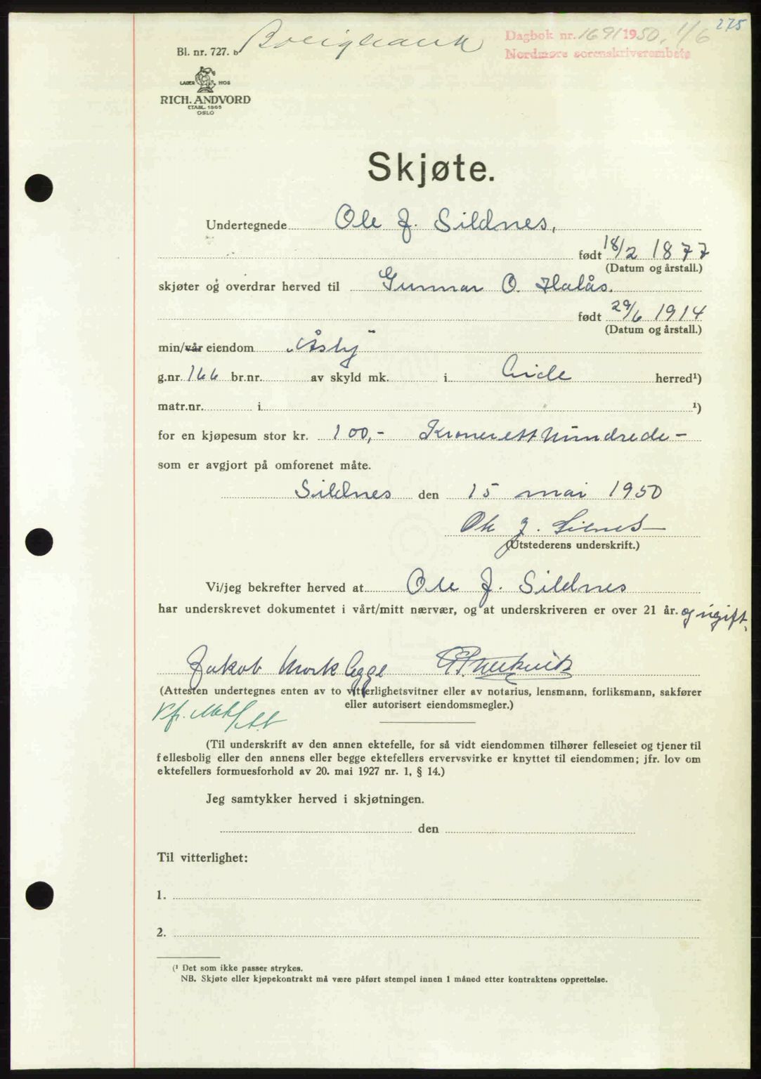 Nordmøre sorenskriveri, SAT/A-4132/1/2/2Ca: Pantebok nr. A115, 1950-1950, Dagboknr: 1691/1950