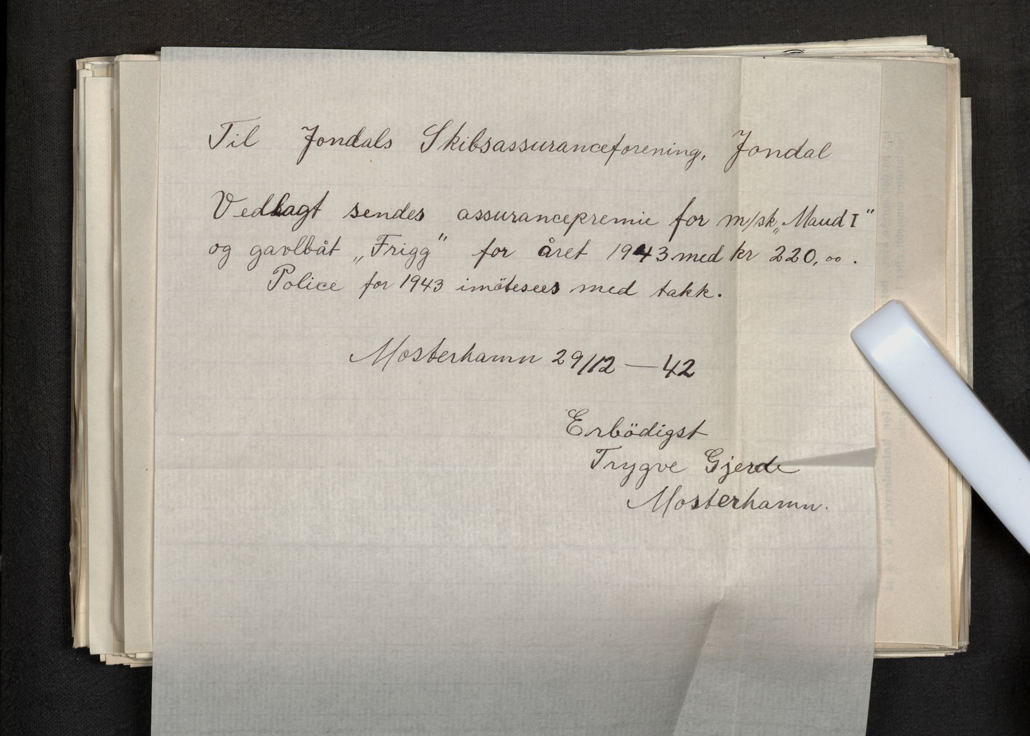 Jondal Skipsassuranseforening, AV/SAB-SAB/PA-0276/E/L0113: Korrespondanse , 1943