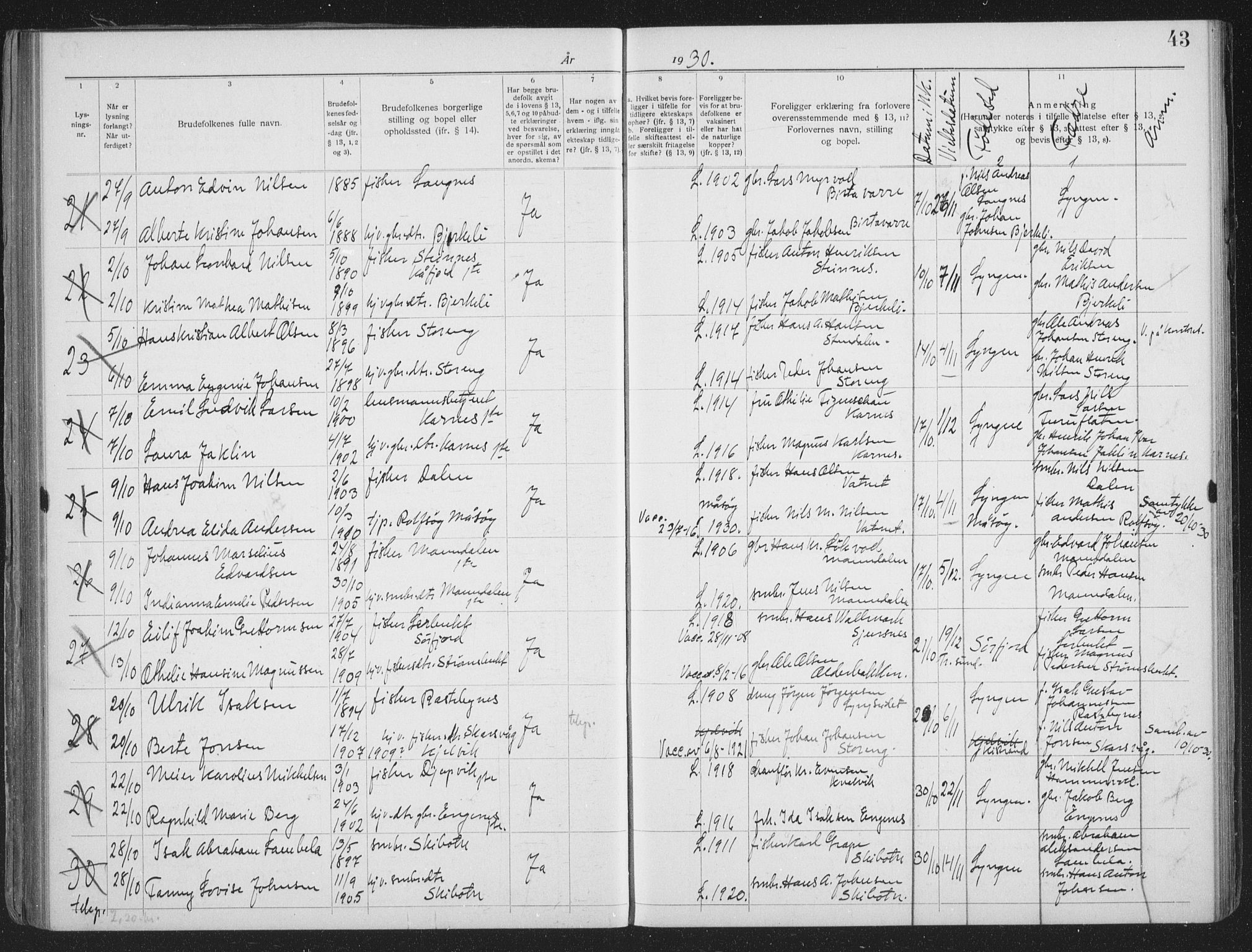 Lyngen sokneprestembete, AV/SATØ-S-1289/I/Ic/L0058: Lysningsprotokoll nr. 58, 1919-1941, s. 43