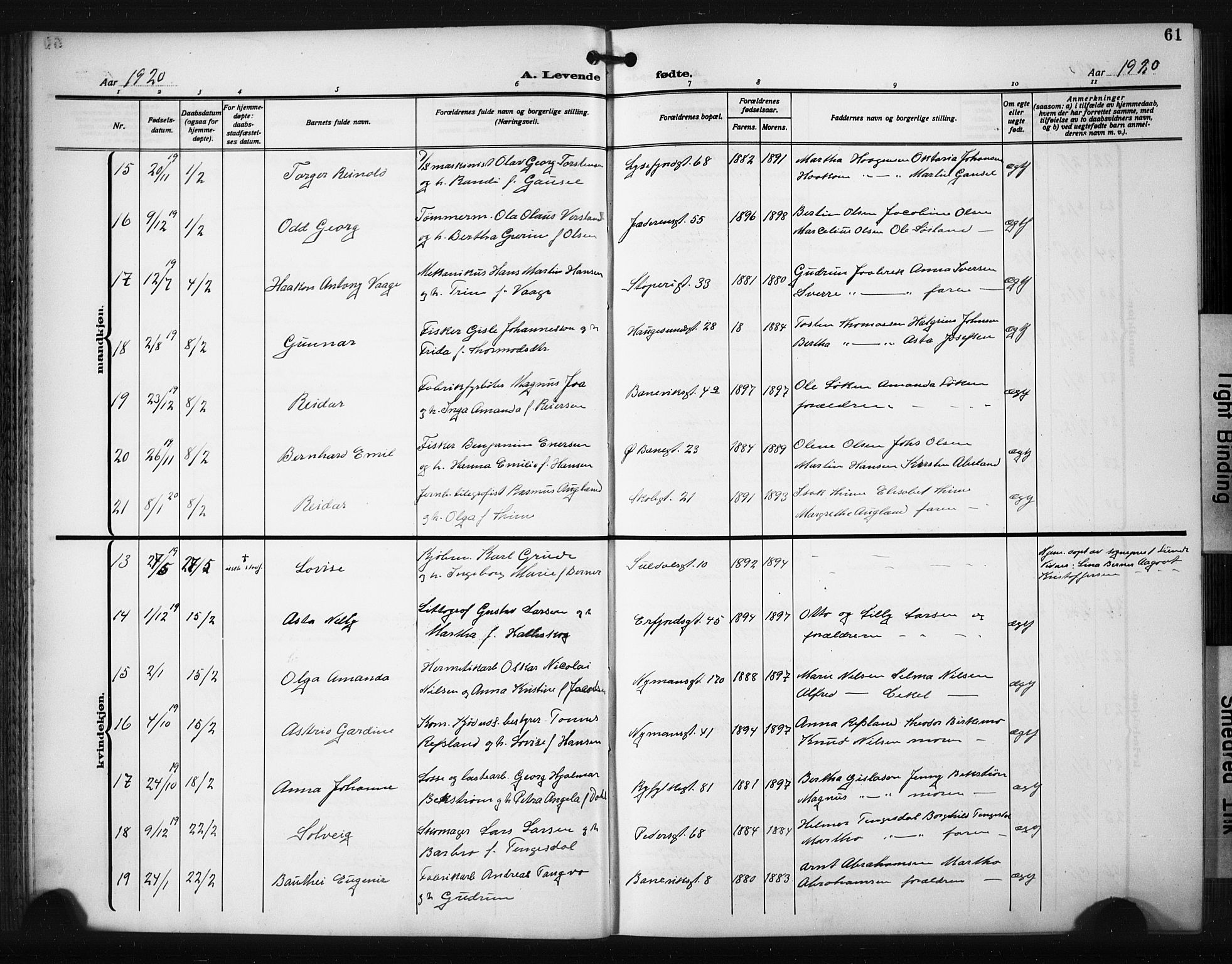 St. Johannes sokneprestkontor, AV/SAST-A-101814/001/30/30BB/L0008: Klokkerbok nr. B 8, 1918-1929, s. 61