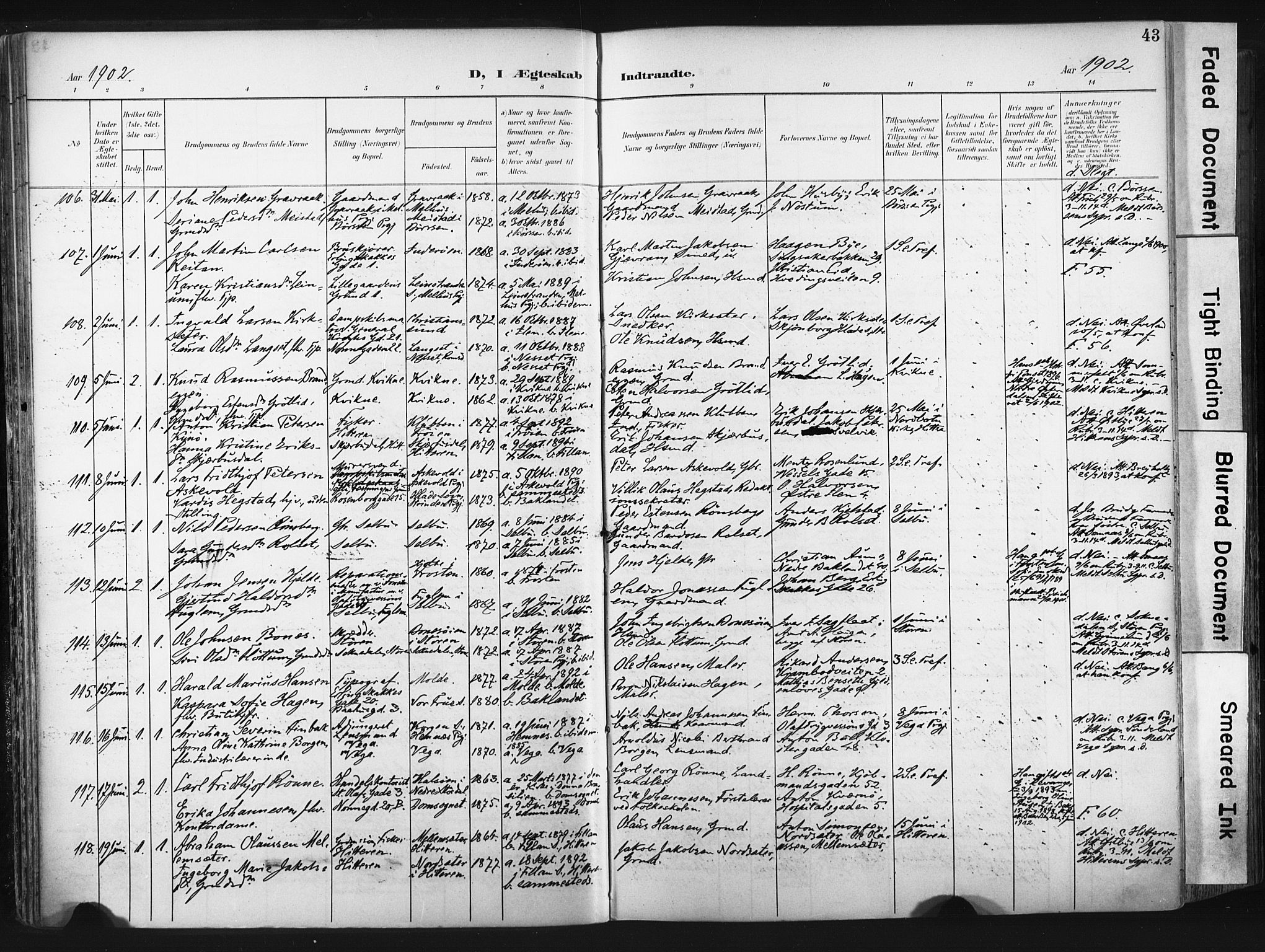 Ministerialprotokoller, klokkerbøker og fødselsregistre - Sør-Trøndelag, SAT/A-1456/604/L0201: Ministerialbok nr. 604A21, 1901-1911, s. 43