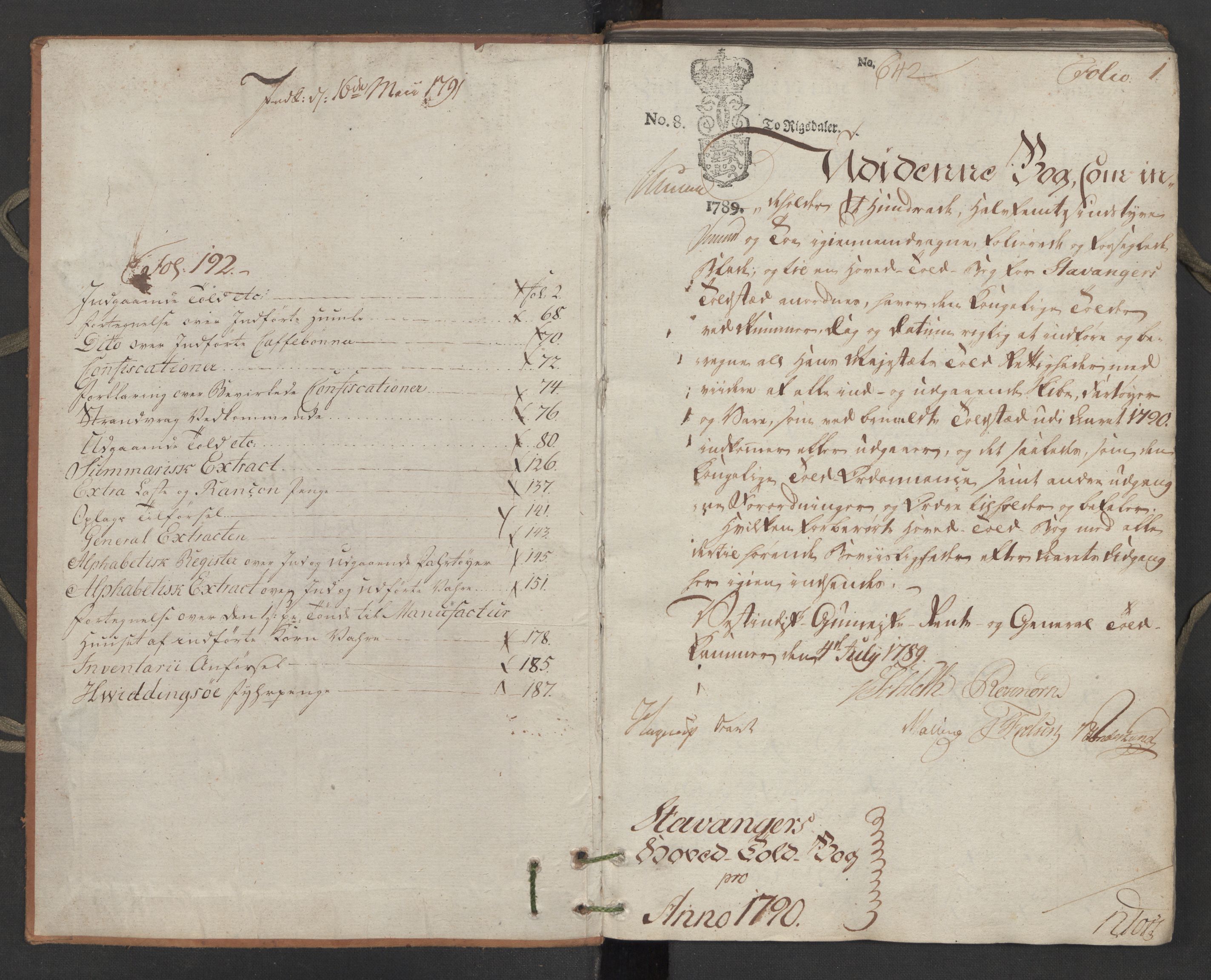 Generaltollkammeret, tollregnskaper, RA/EA-5490/R22/L0052/0001: Tollregnskaper Stavanger / Hovedtollbok, 1790