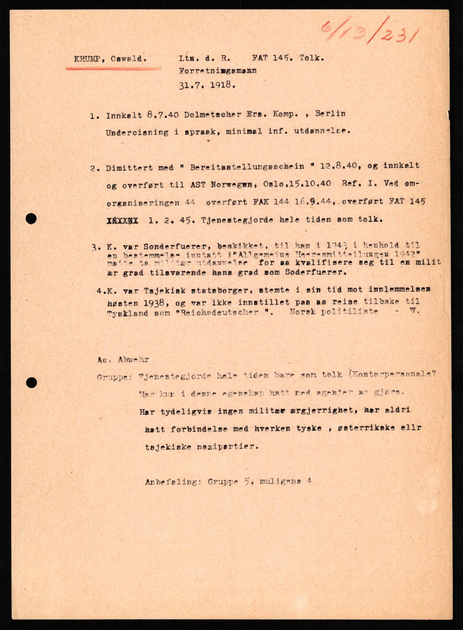 Forsvaret, Forsvarets overkommando II, RA/RAFA-3915/D/Db/L0041: CI Questionaires.  Diverse nasjonaliteter., 1945-1946, s. 248