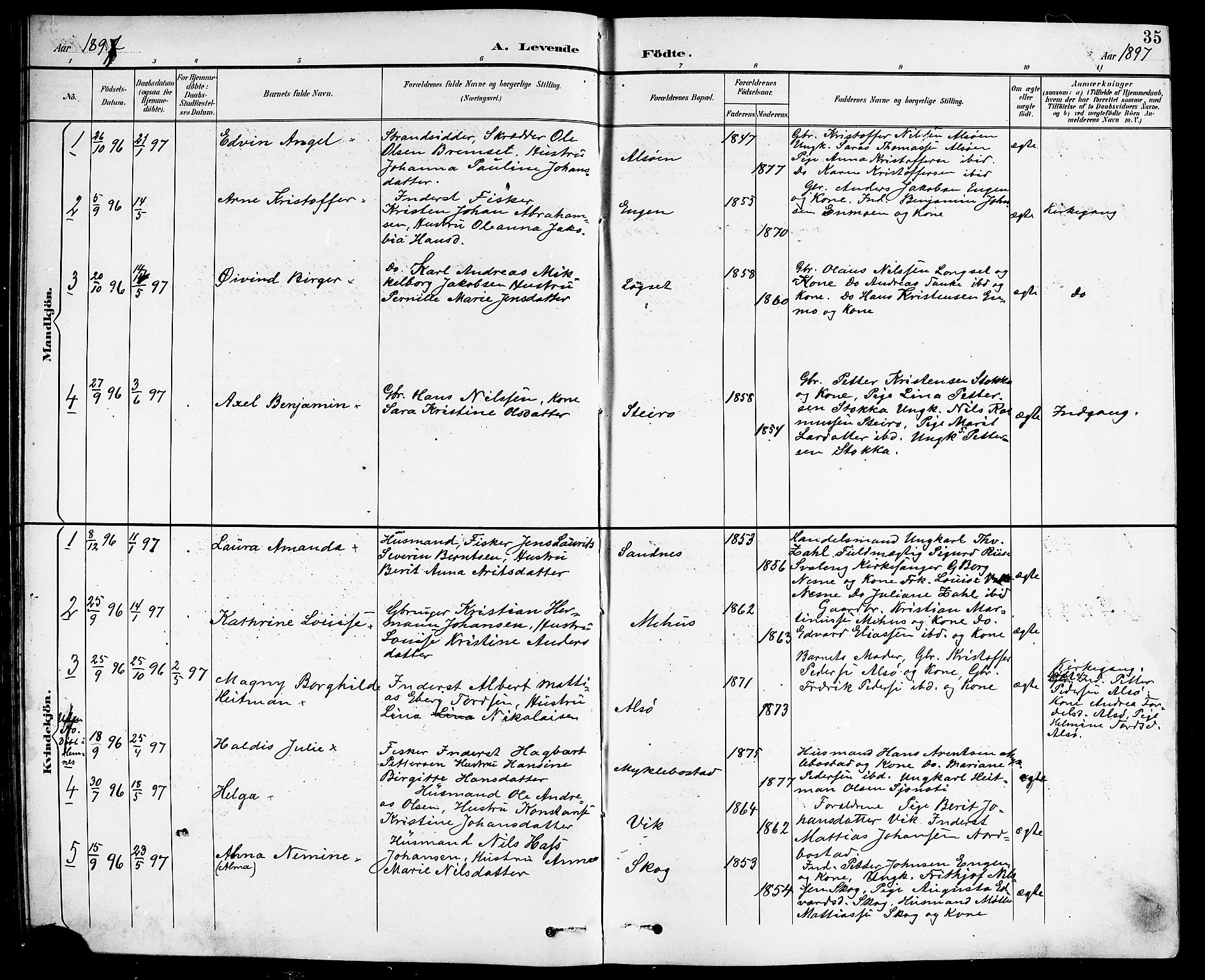 Ministerialprotokoller, klokkerbøker og fødselsregistre - Nordland, SAT/A-1459/838/L0559: Klokkerbok nr. 838C06, 1893-1910, s. 35
