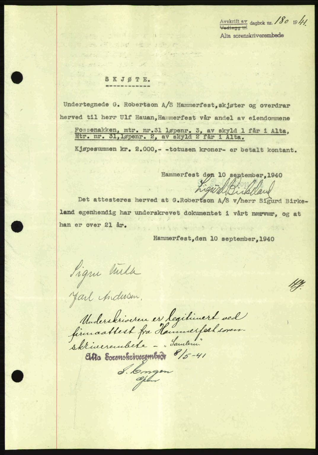 Alta fogderi/sorenskriveri, SATØ/SATØ-5/1/K/Kd/L0033pantebok: Pantebok nr. 33, 1940-1943, Dagboknr: 180/1941