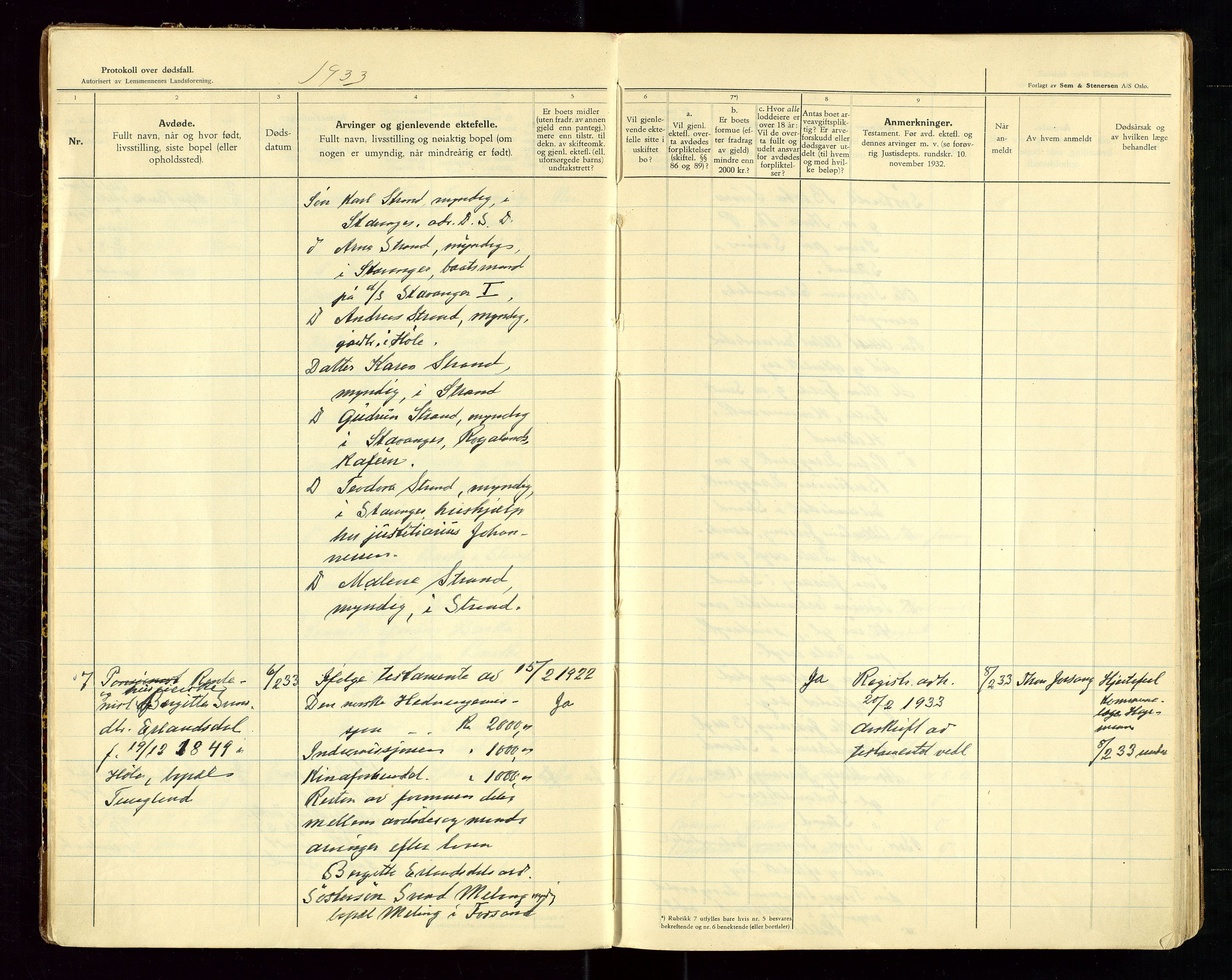 Strand og Forsand lensmannskontor, AV/SAST-A-100451/Gga/L0004: "Protokoll over anmeldte dødsfall", 1933-1943