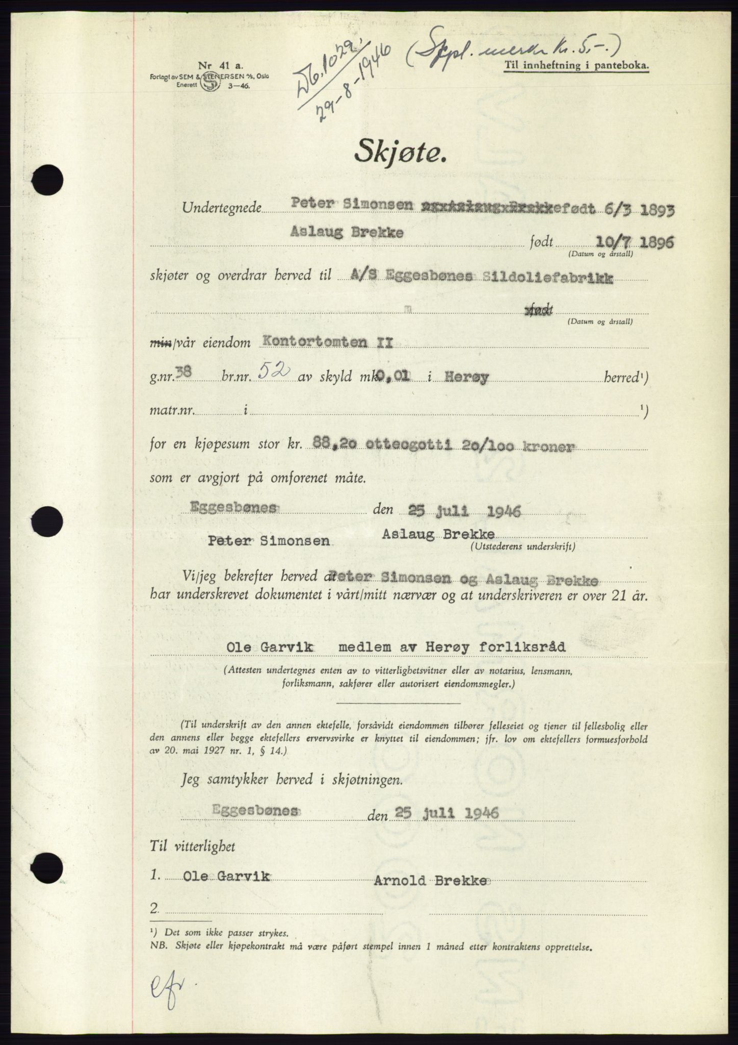 Søre Sunnmøre sorenskriveri, SAT/A-4122/1/2/2C/L0078: Pantebok nr. 4A, 1946-1946, Dagboknr: 1029/1946