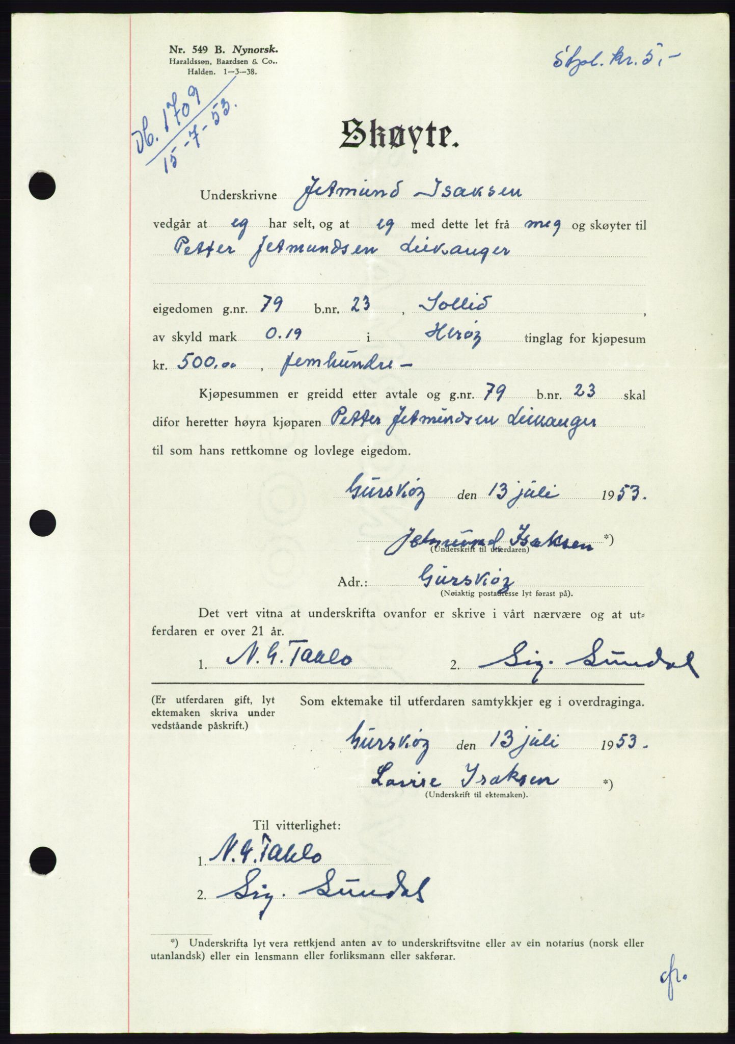 Søre Sunnmøre sorenskriveri, AV/SAT-A-4122/1/2/2C/L0095: Pantebok nr. 21A, 1953-1953, Dagboknr: 1709/1953