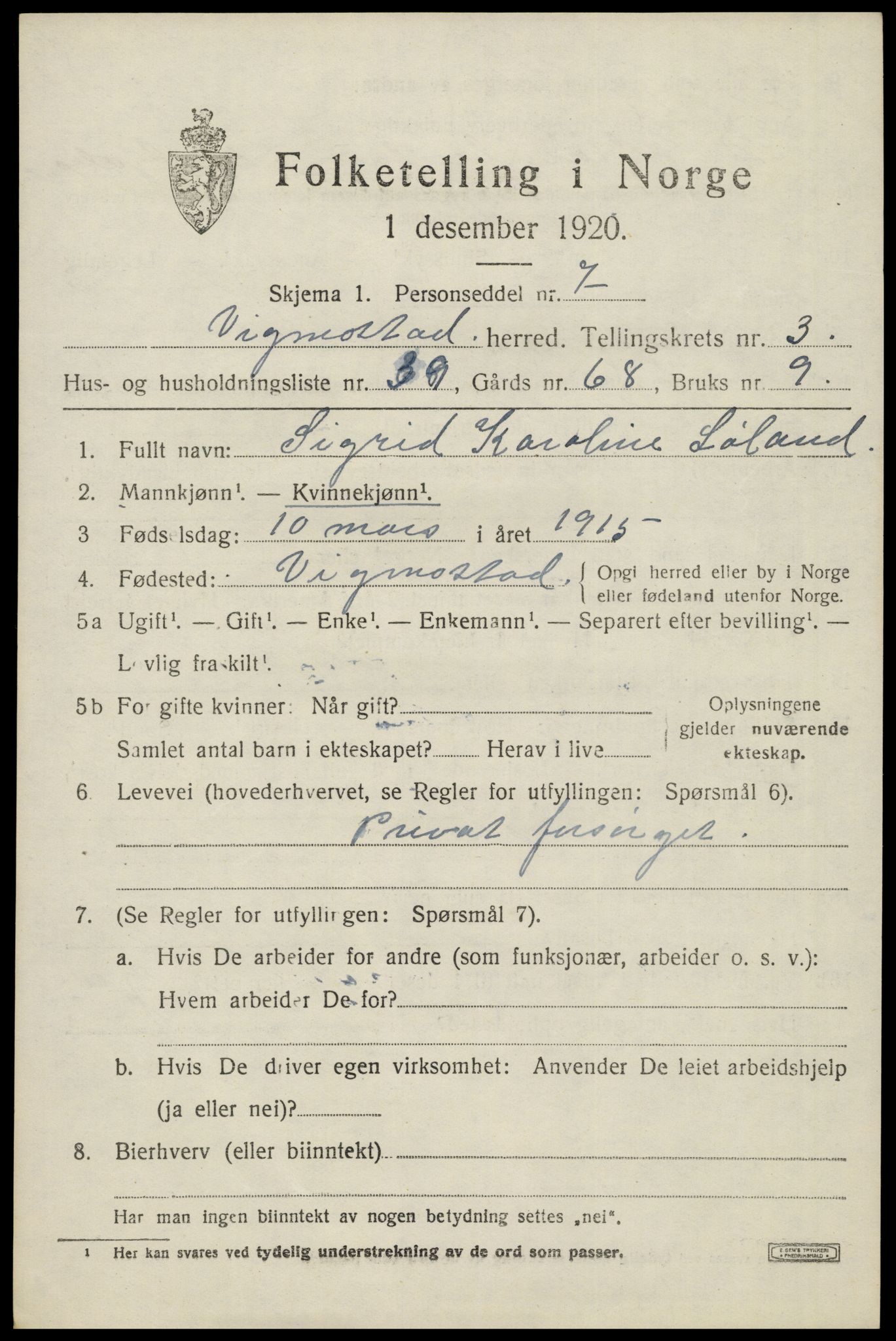 SAK, Folketelling 1920 for 1028 Vigmostad herred, 1920, s. 1147