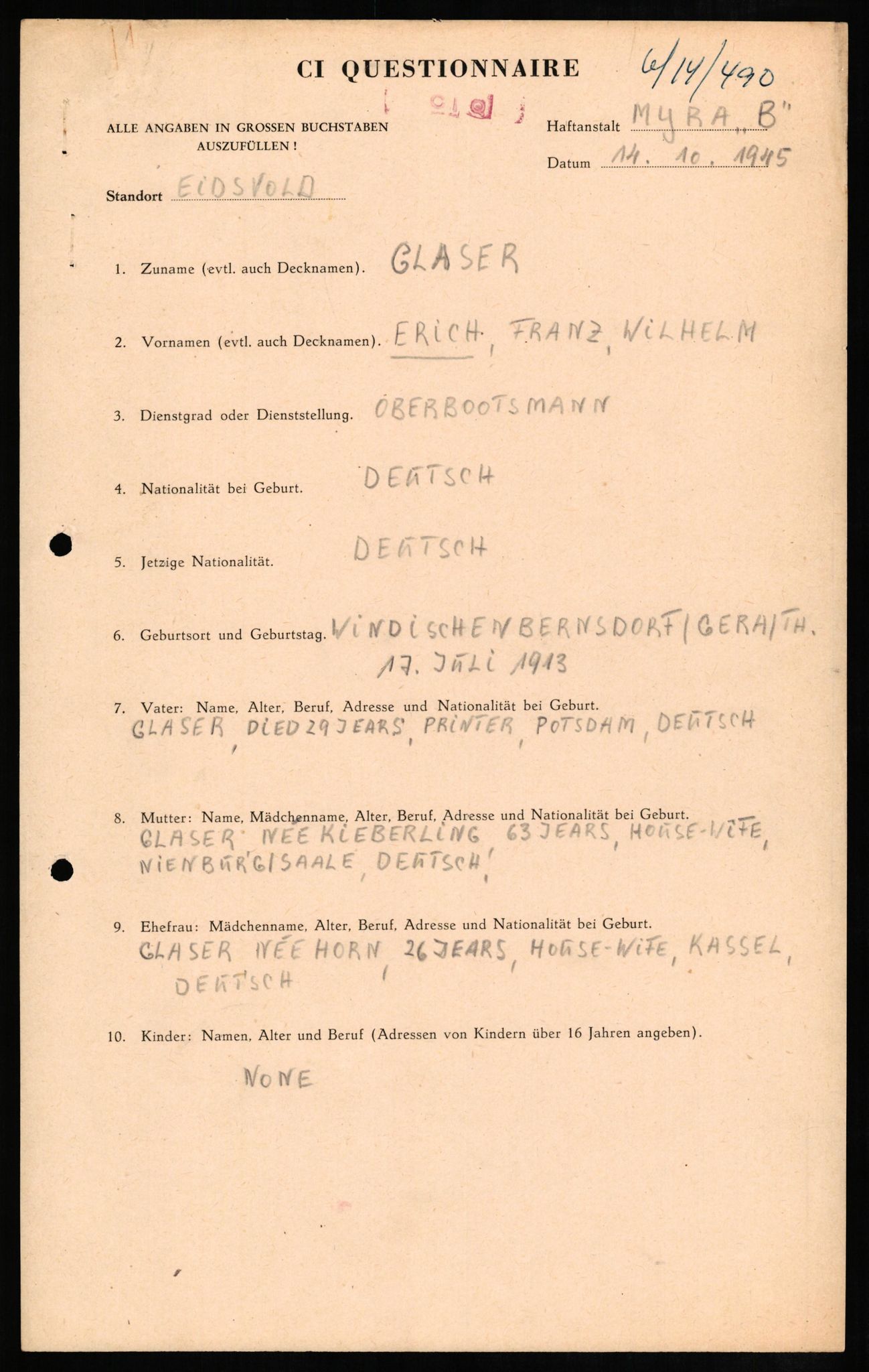 Forsvaret, Forsvarets overkommando II, AV/RA-RAFA-3915/D/Db/L0009: CI Questionaires. Tyske okkupasjonsstyrker i Norge. Tyskere., 1945-1946, s. 503