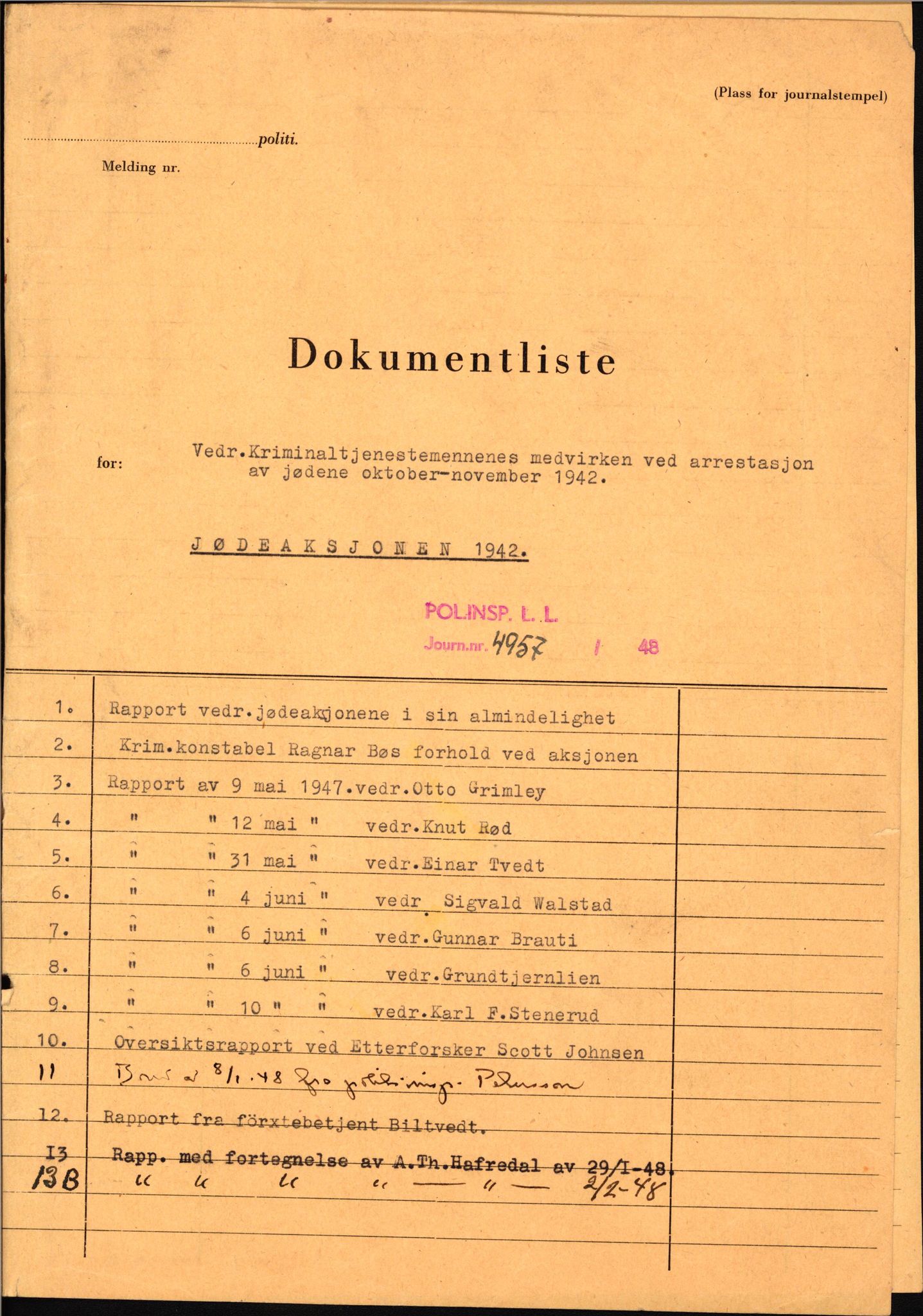 Landssvikarkivet, Oslo politikammer, AV/RA-S-3138-01/F/Fa/L0001: Diverse dokumenter - avhørsrapporter fra landsvikssaker m.v. etter politimann ved Oslo politikammer, 1945-1946, s. 231